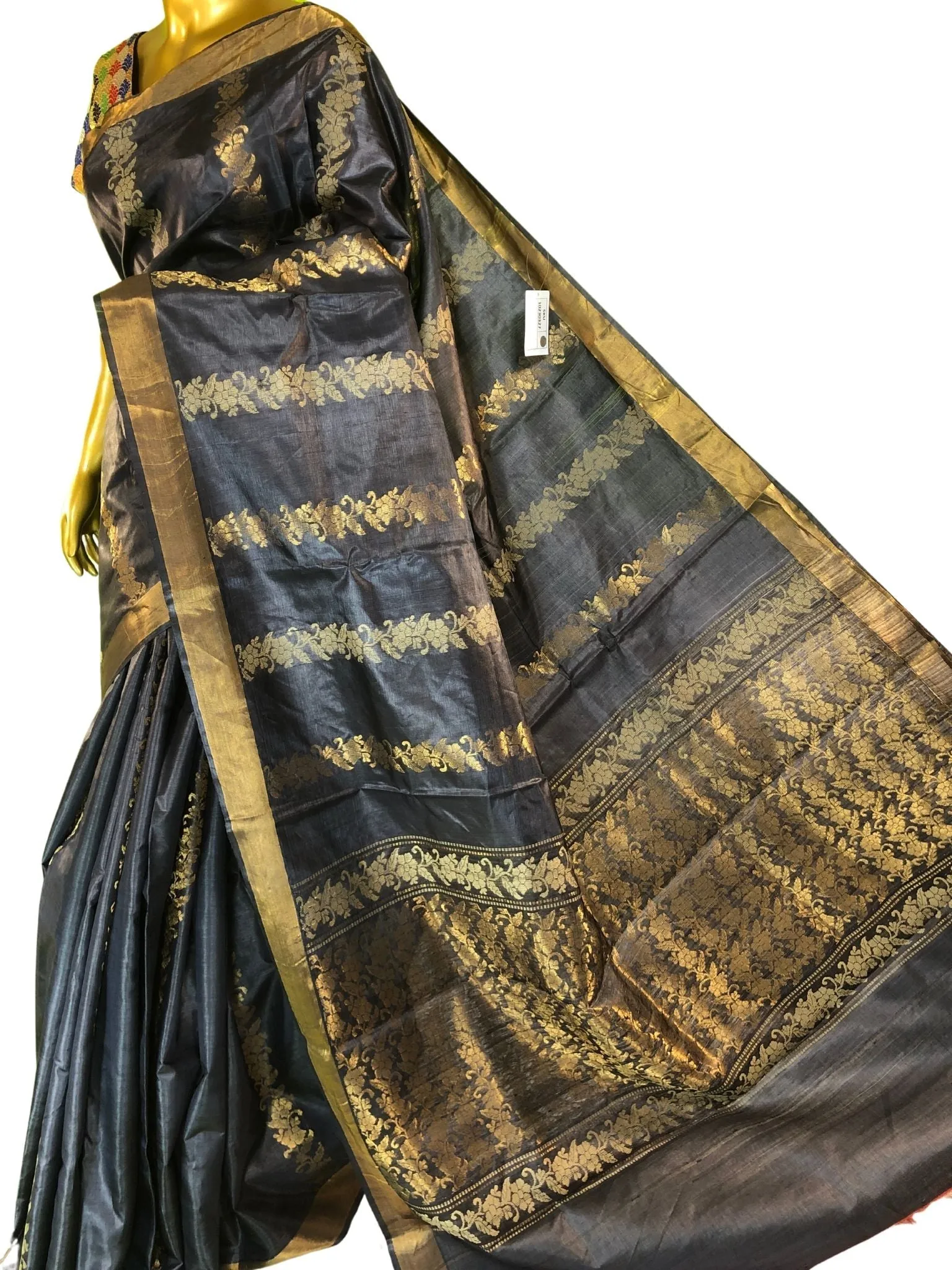 Graphite Color Pure Tussar Silk Saree with Zari Stripe Work