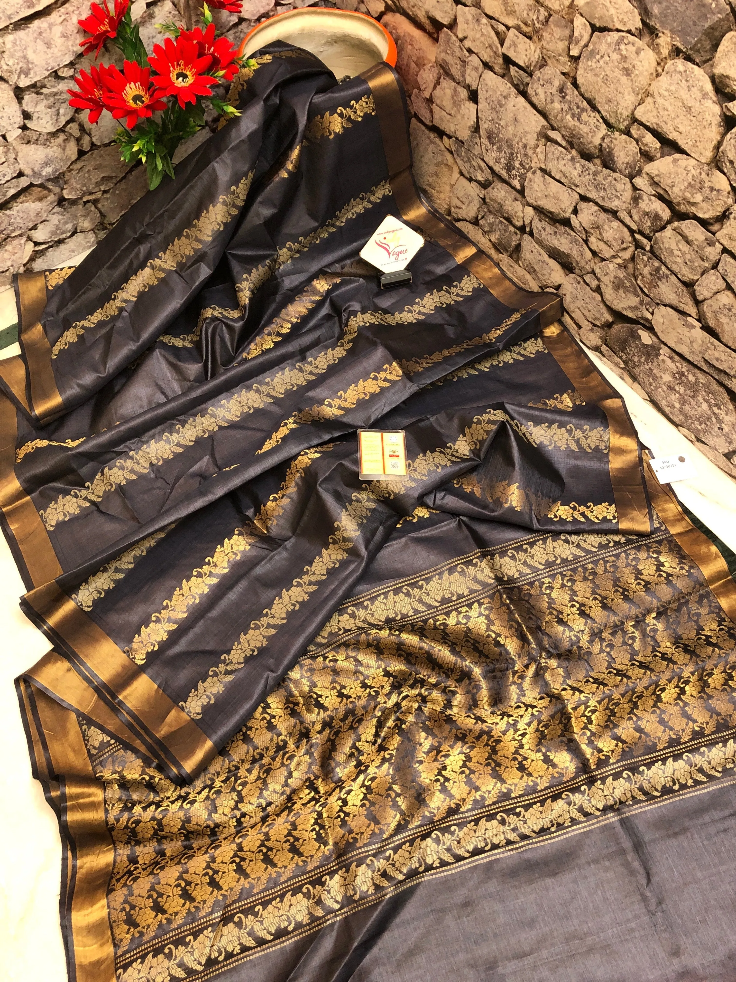 Graphite Color Pure Tussar Silk Saree with Zari Stripe Work