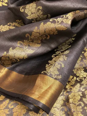 Graphite Color Pure Tussar Silk Saree with Zari Stripe Work