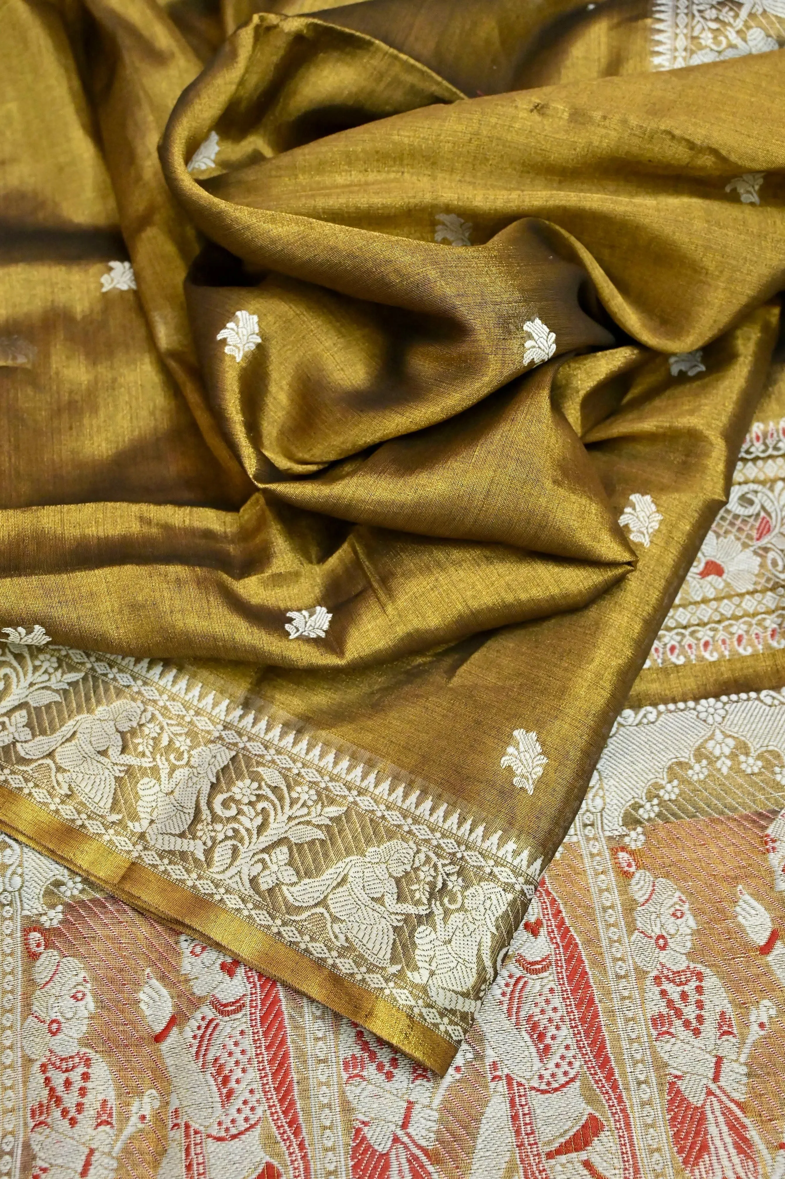 Green Golden Color Handloom Tissue Saree with Baluchari Style Weaving