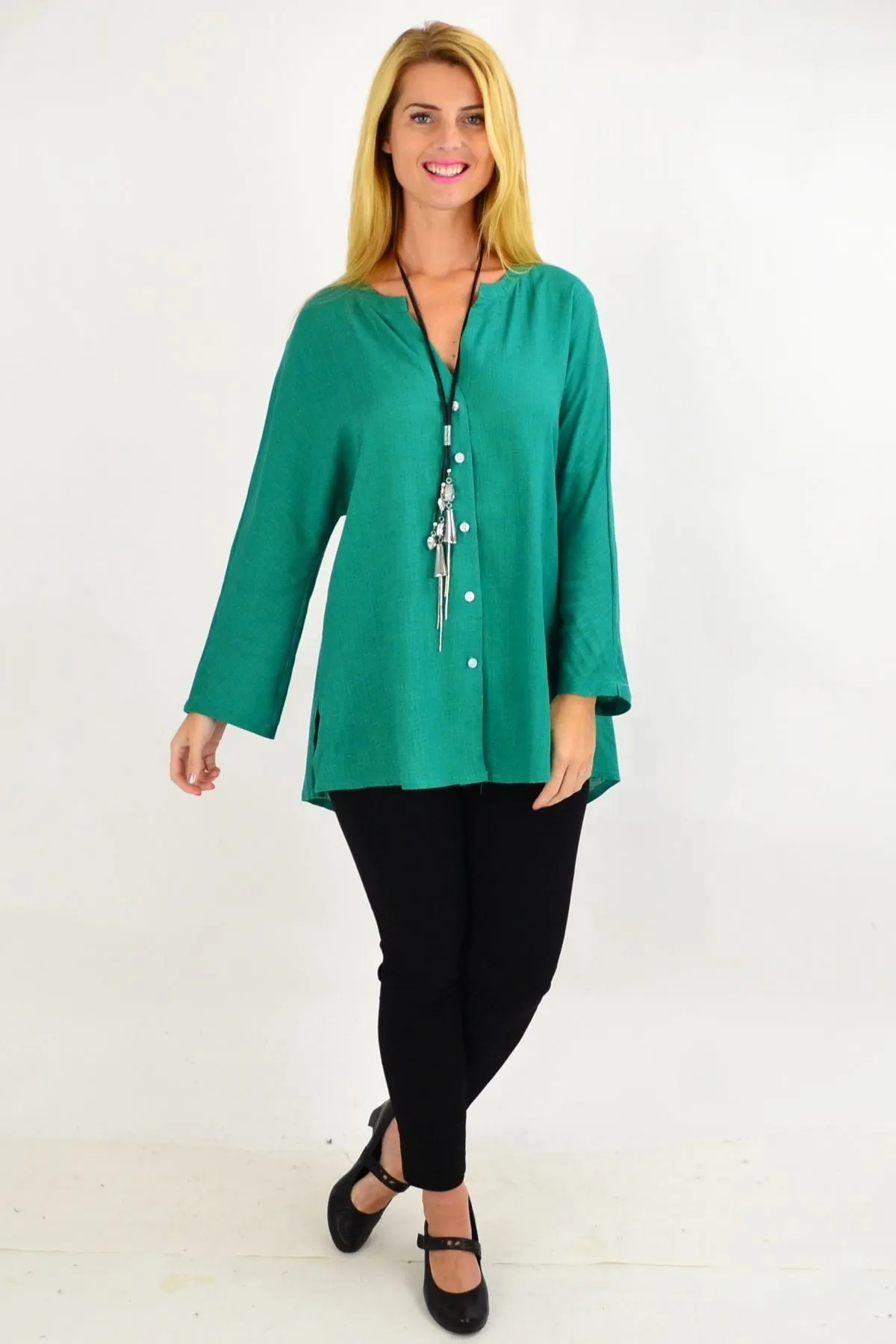 Green V Neck Linen Tunic Shirt