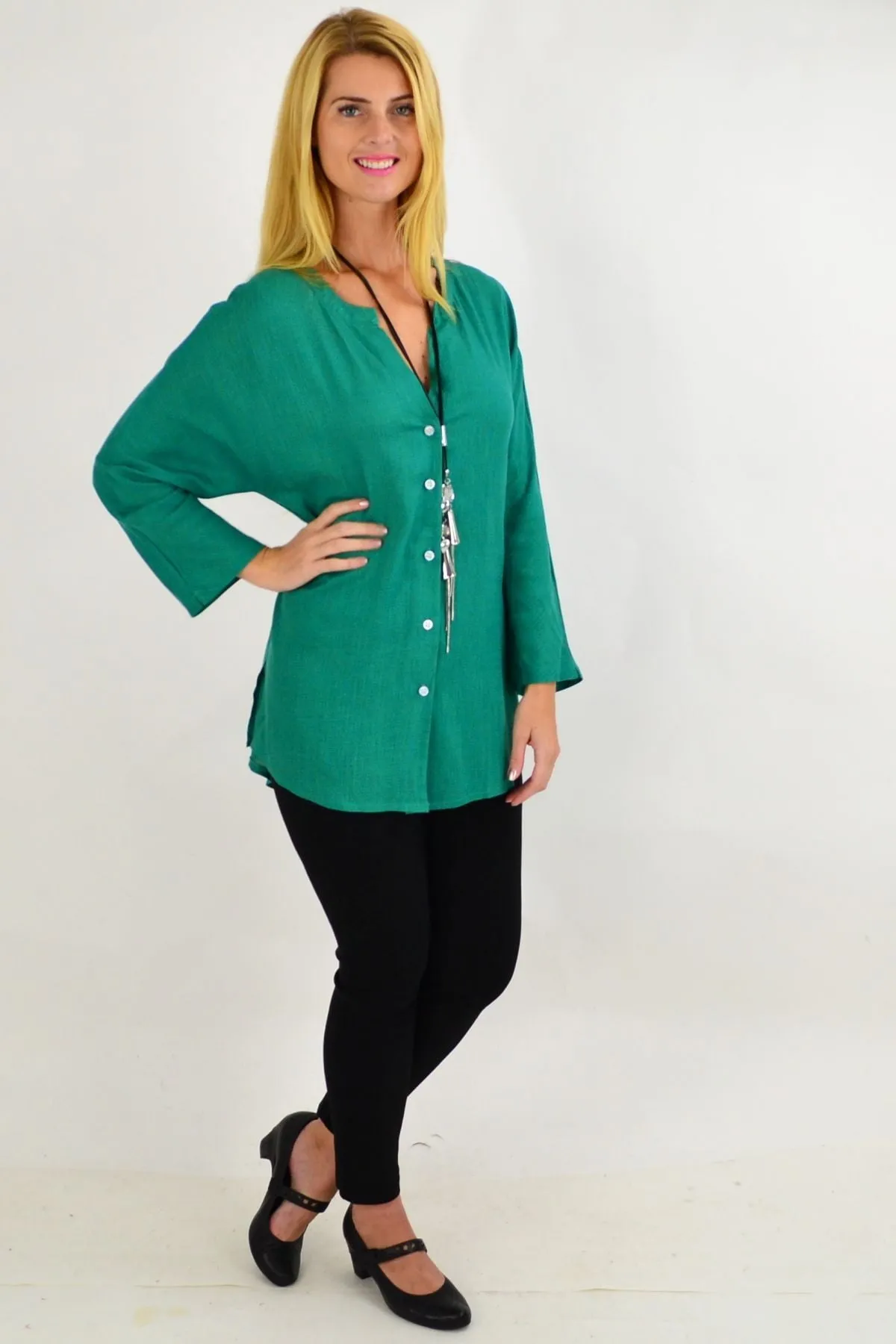 Green V Neck Linen Tunic Shirt