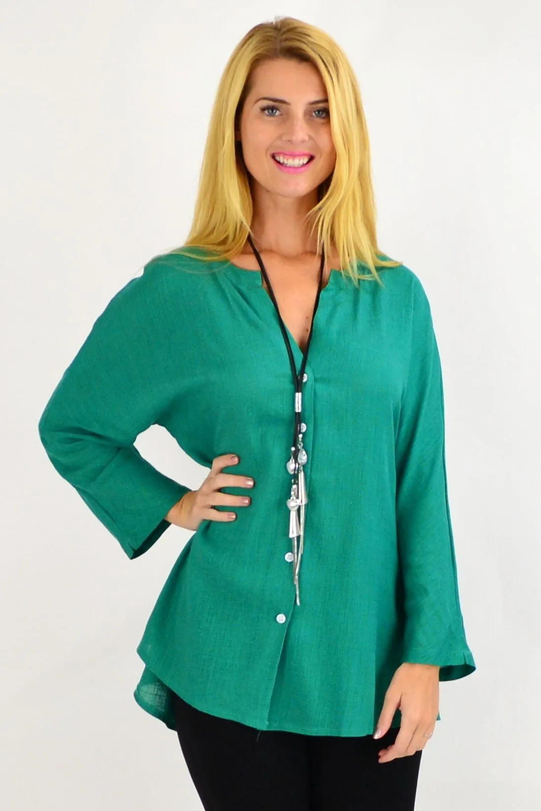 Green V Neck Linen Tunic Shirt