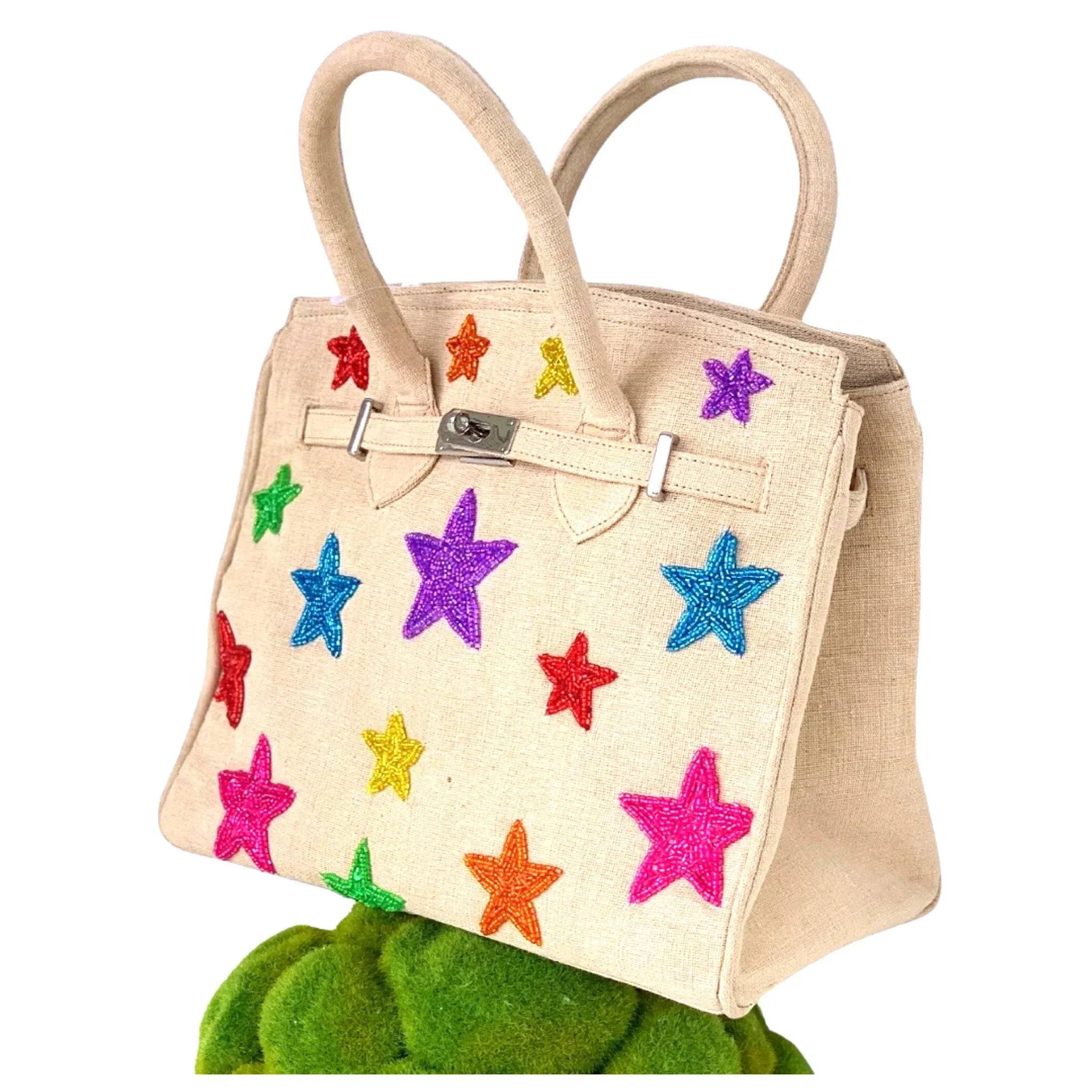 Handmade Beaded Stars Canvas Bag