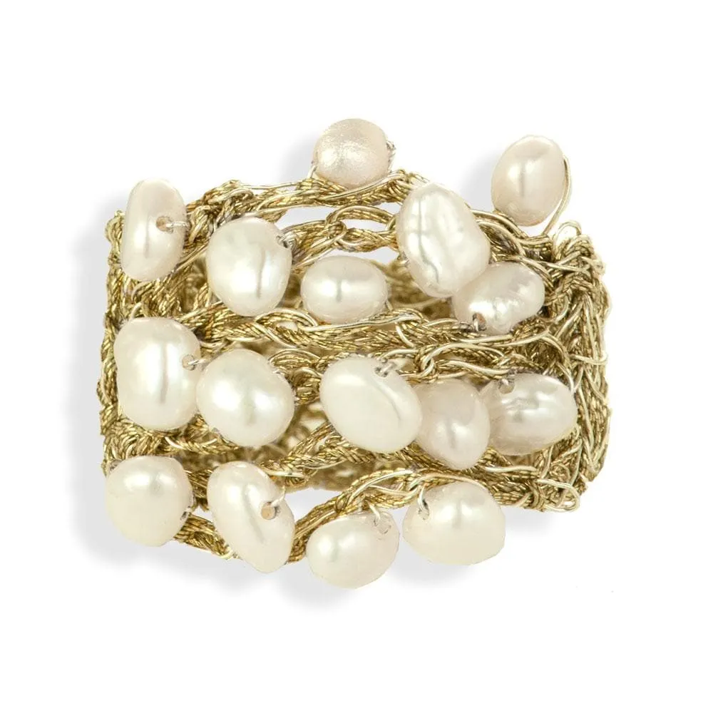 Handmade Gold Plated Crochet Knit Ring With Pearls