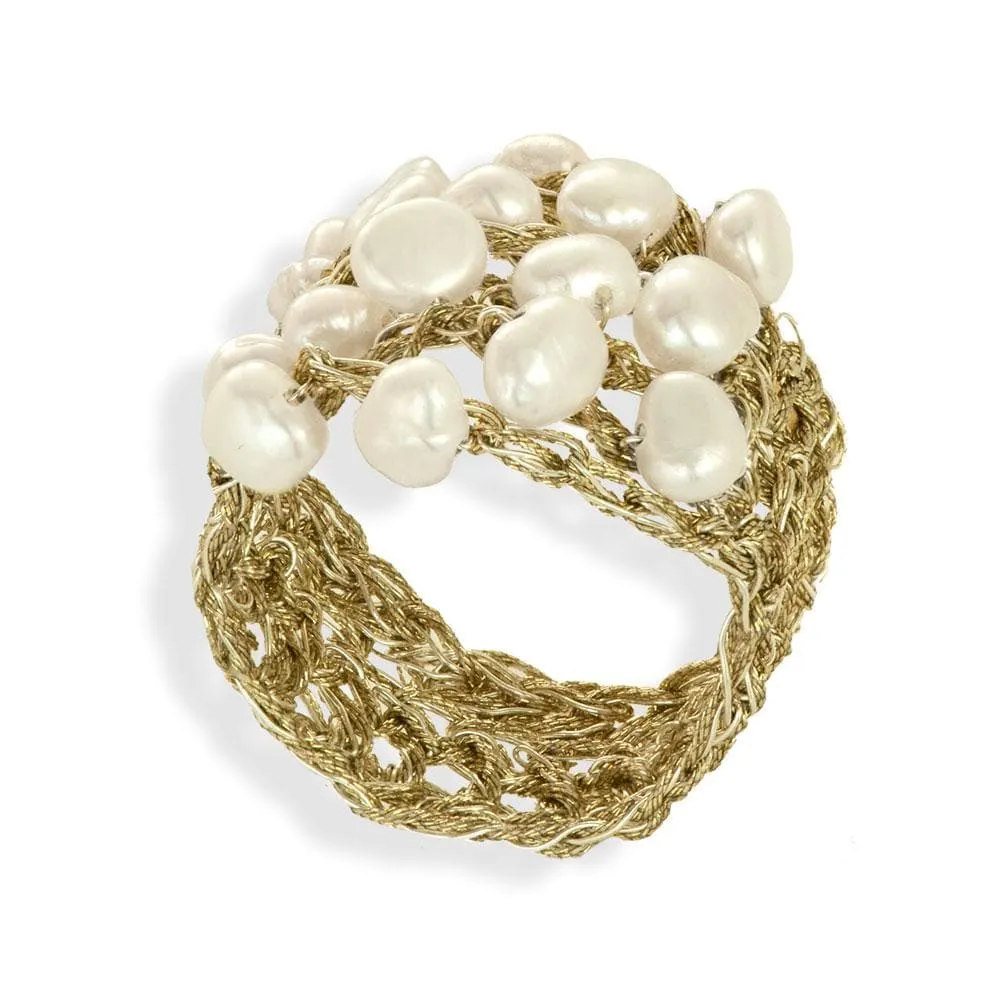 Handmade Gold Plated Crochet Knit Ring With Pearls