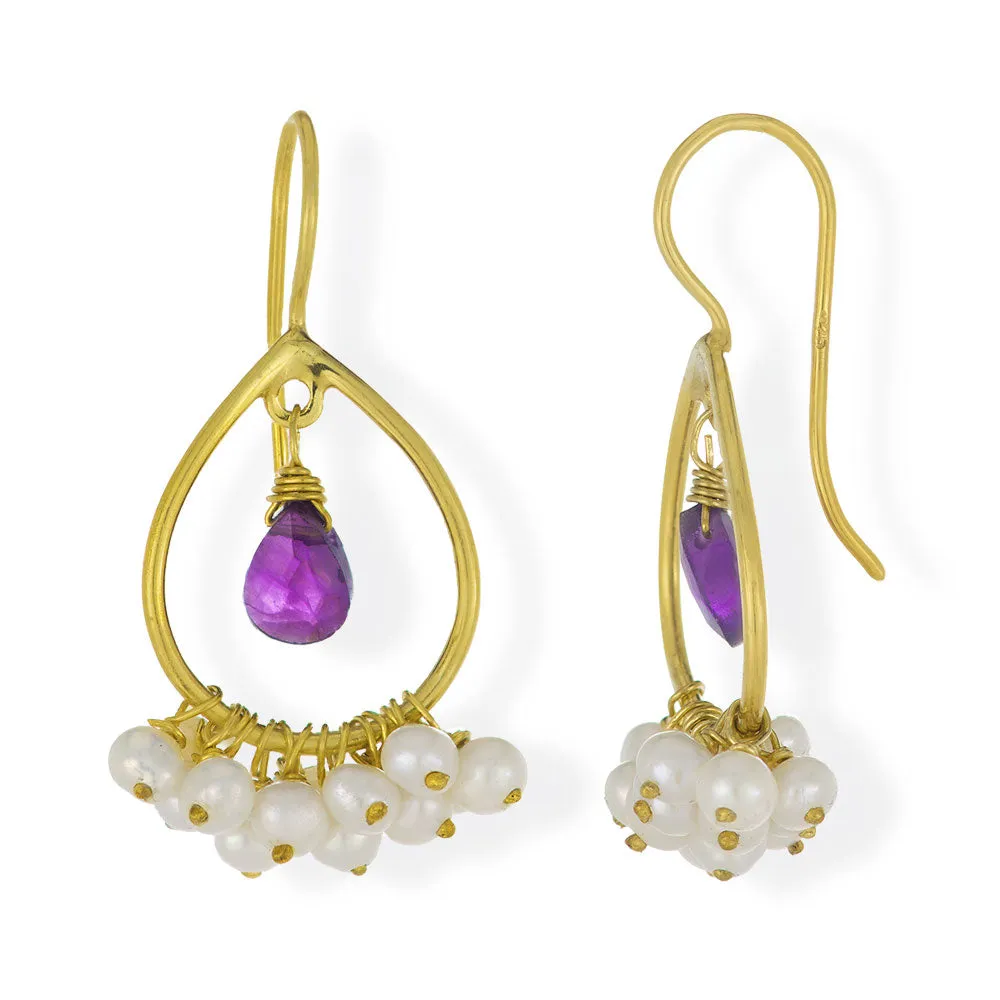 Handmade Gold Plated Silver Drop Earrings With Amethyst & Pearls