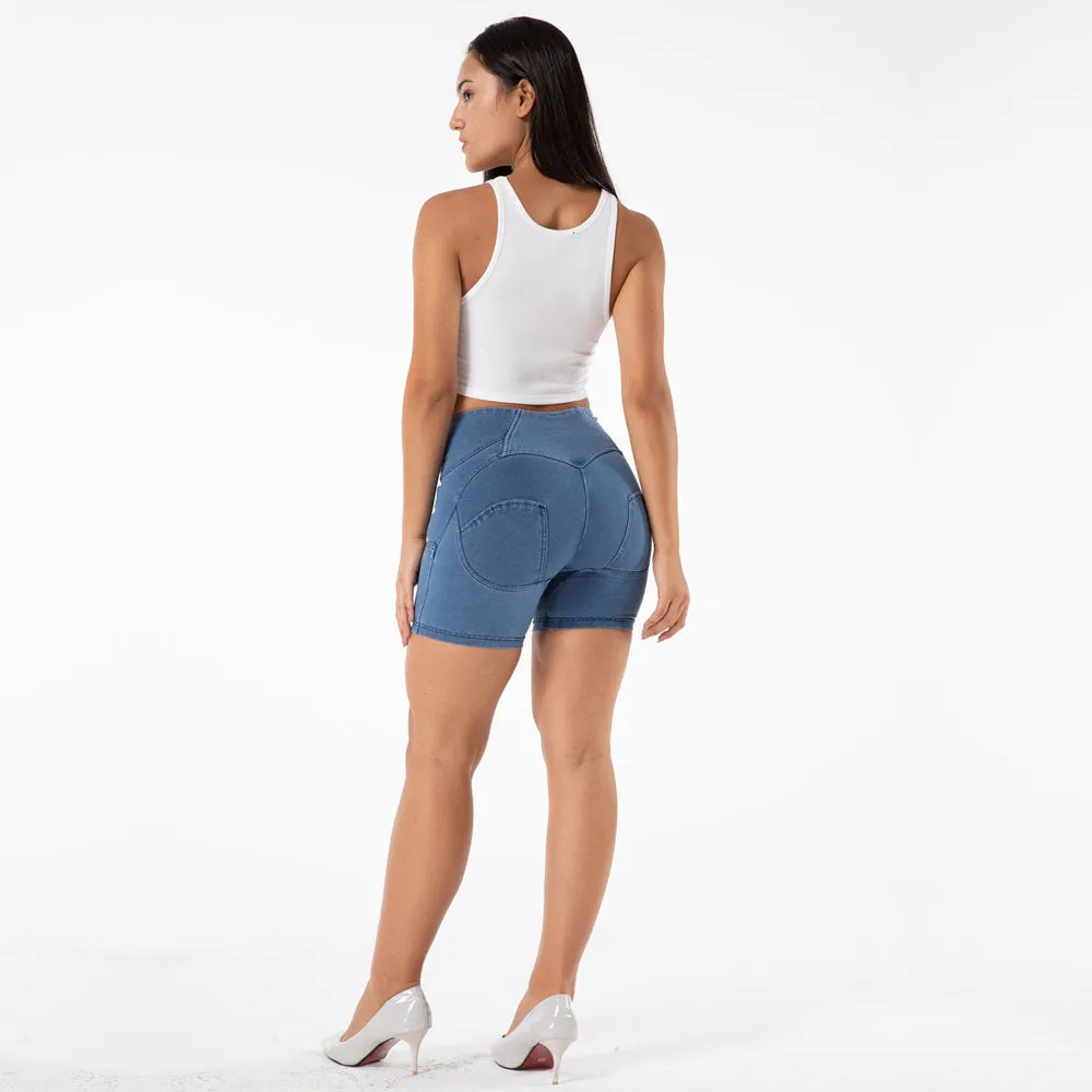 High Waist Dark Thread Light Blue Shorts