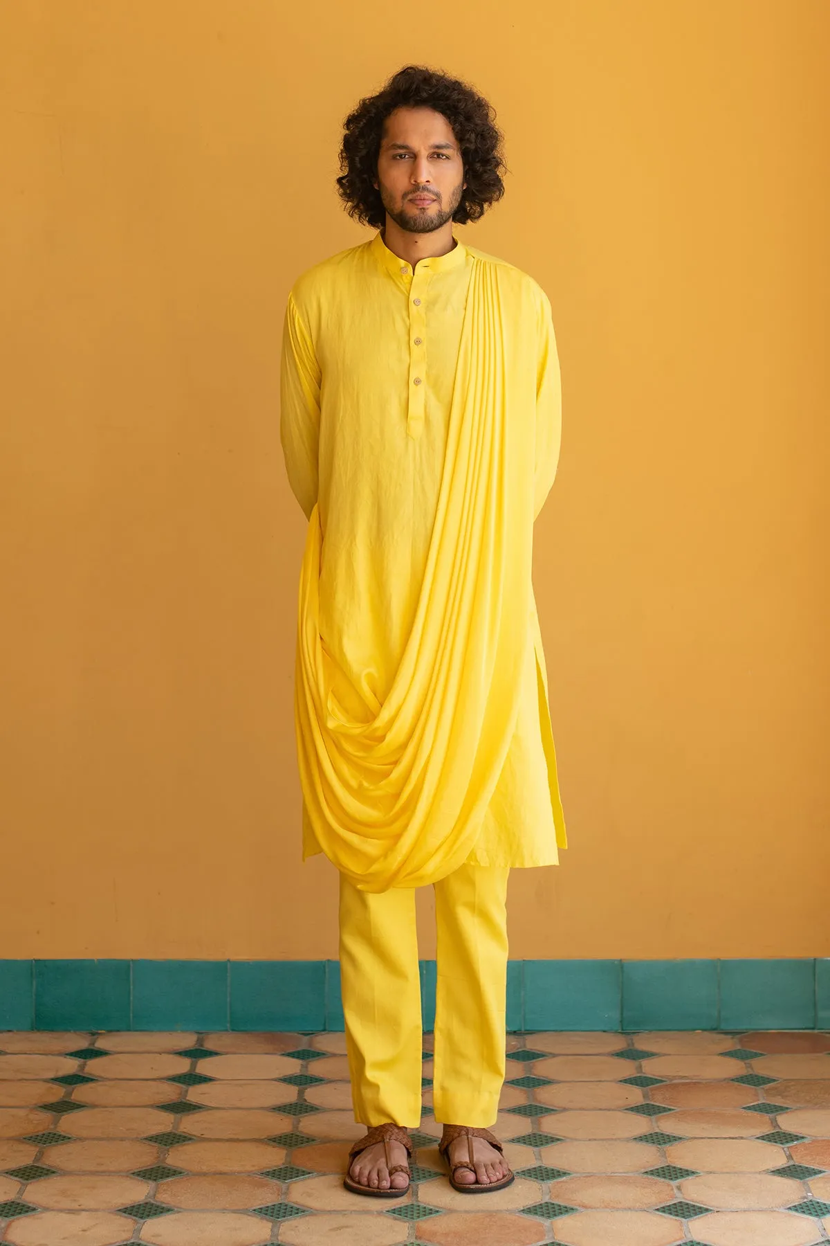 HVAR -  Drape German Satin yellow Kurta Trouser