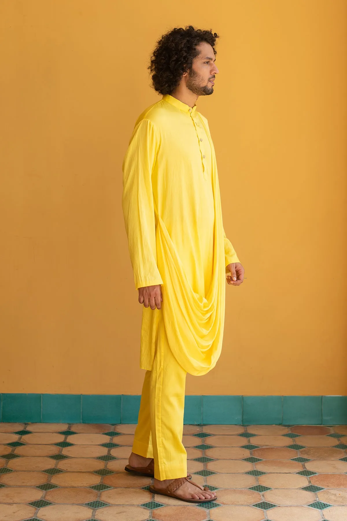 HVAR -  Drape German Satin yellow Kurta Trouser