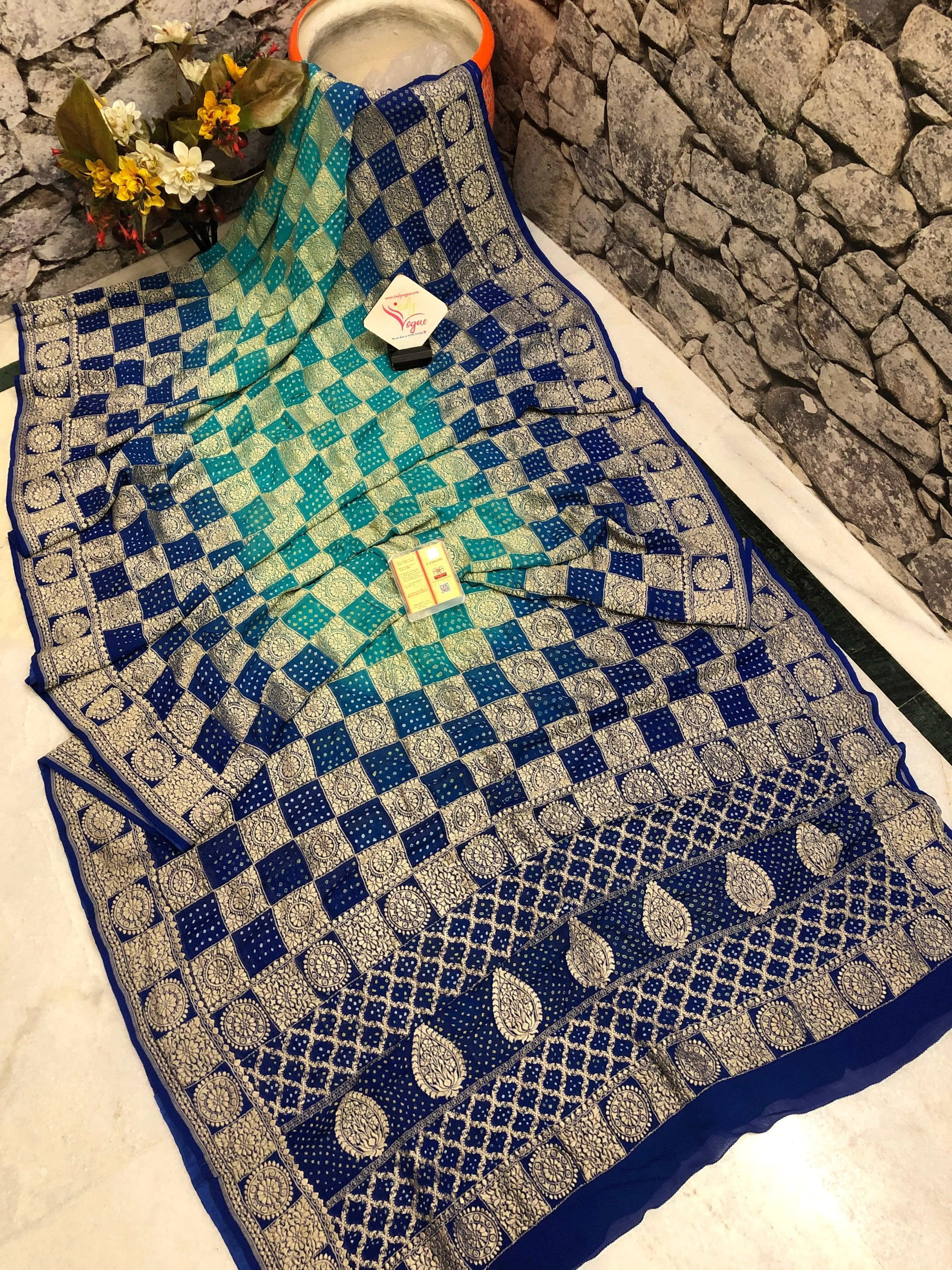 Indigo Blue and Green Color Khaddi Georgette Banarasi Saree with Hand Bandhani Work