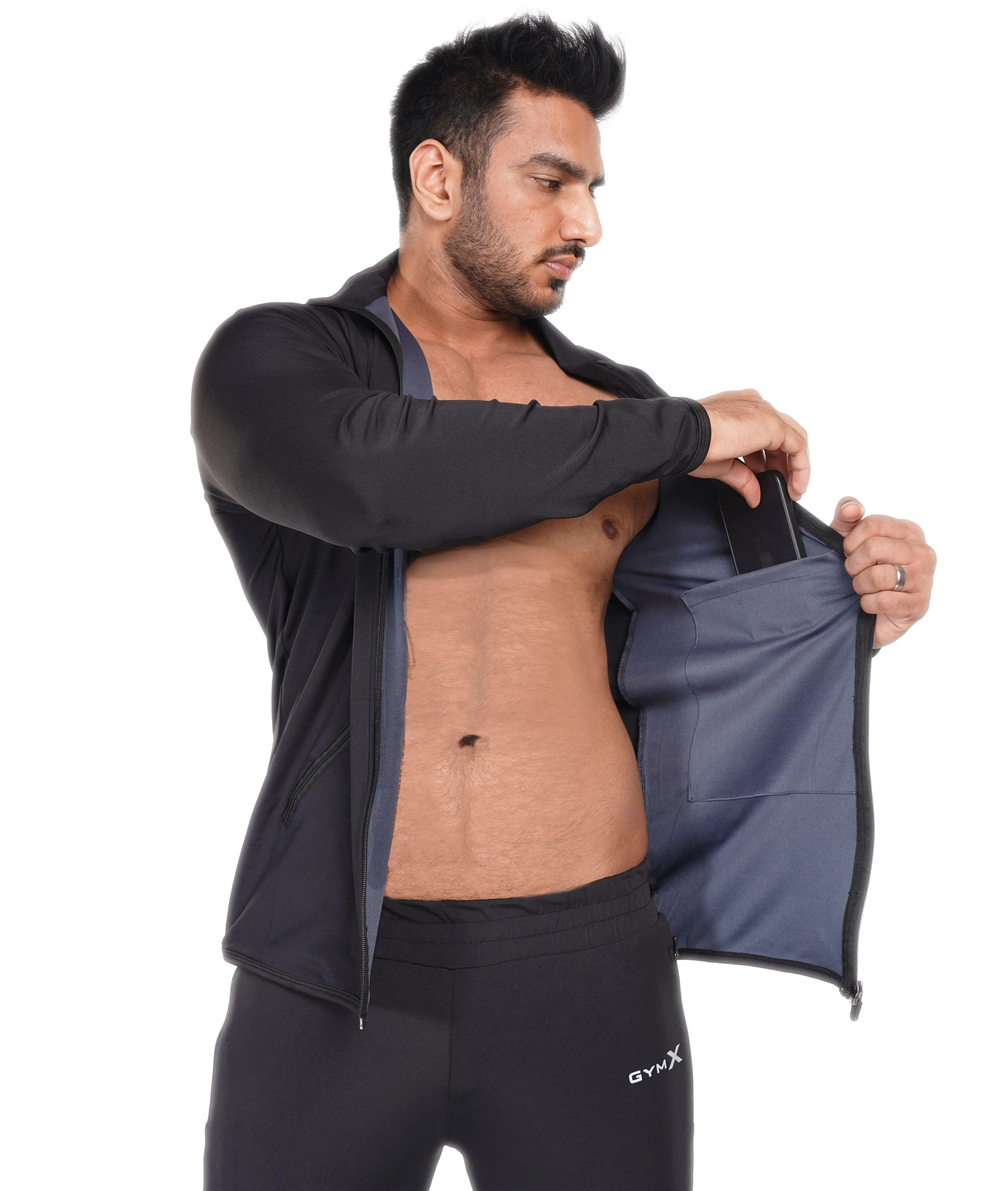 Jet Black GymX Windbreaker Summer Jacket (Dedicated Phone Pocket) - Sale