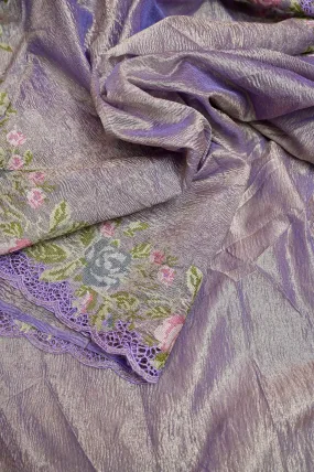 Lavender and Golden Color Crush Tissue Silk Saree with Embroidery Work