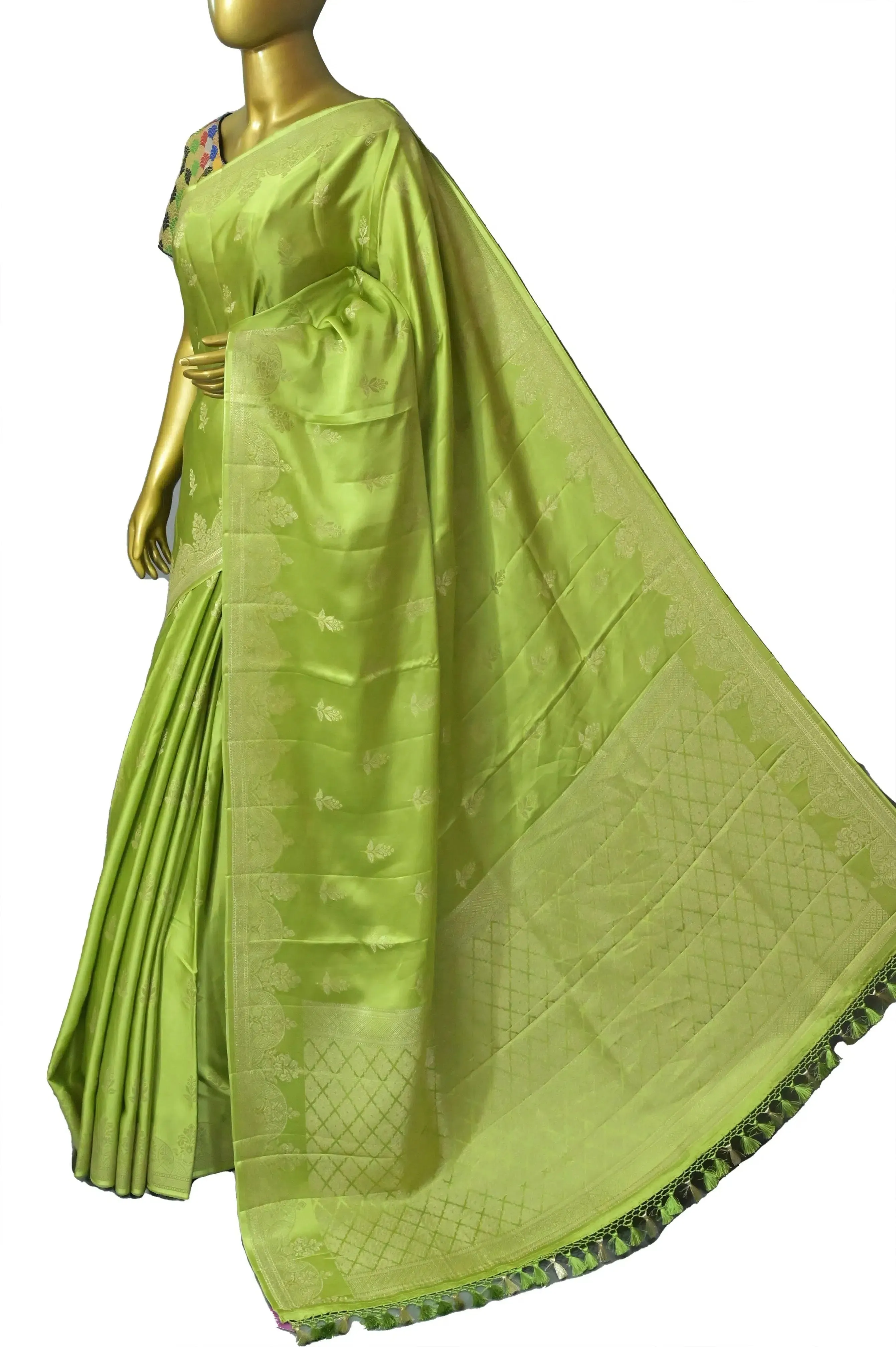 Leaf Green Color Mashru Banarasi Saree with Silver Zari Work