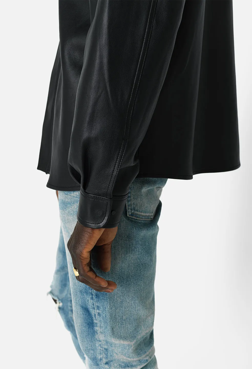 Leather Cloak Button Up / Black