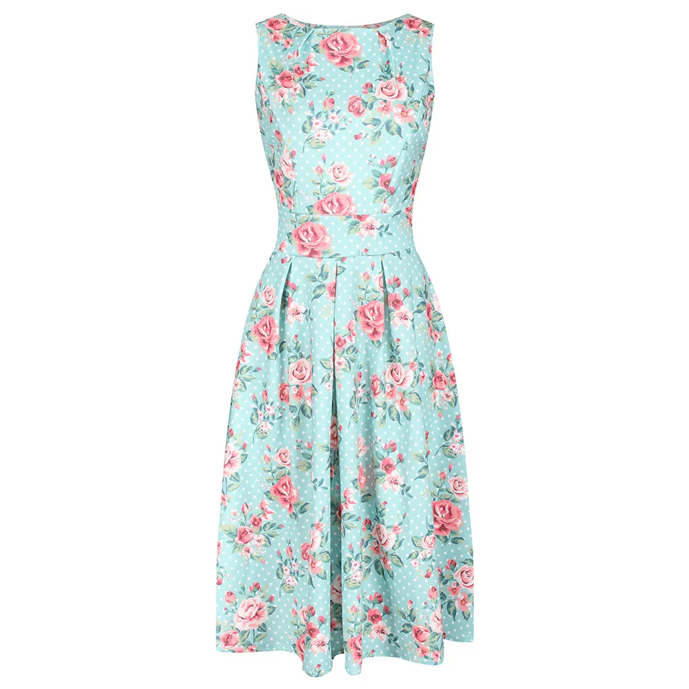 Light Aqua Blue Polka Dot Floral Classic Audrey Sleeveless Summer Dress