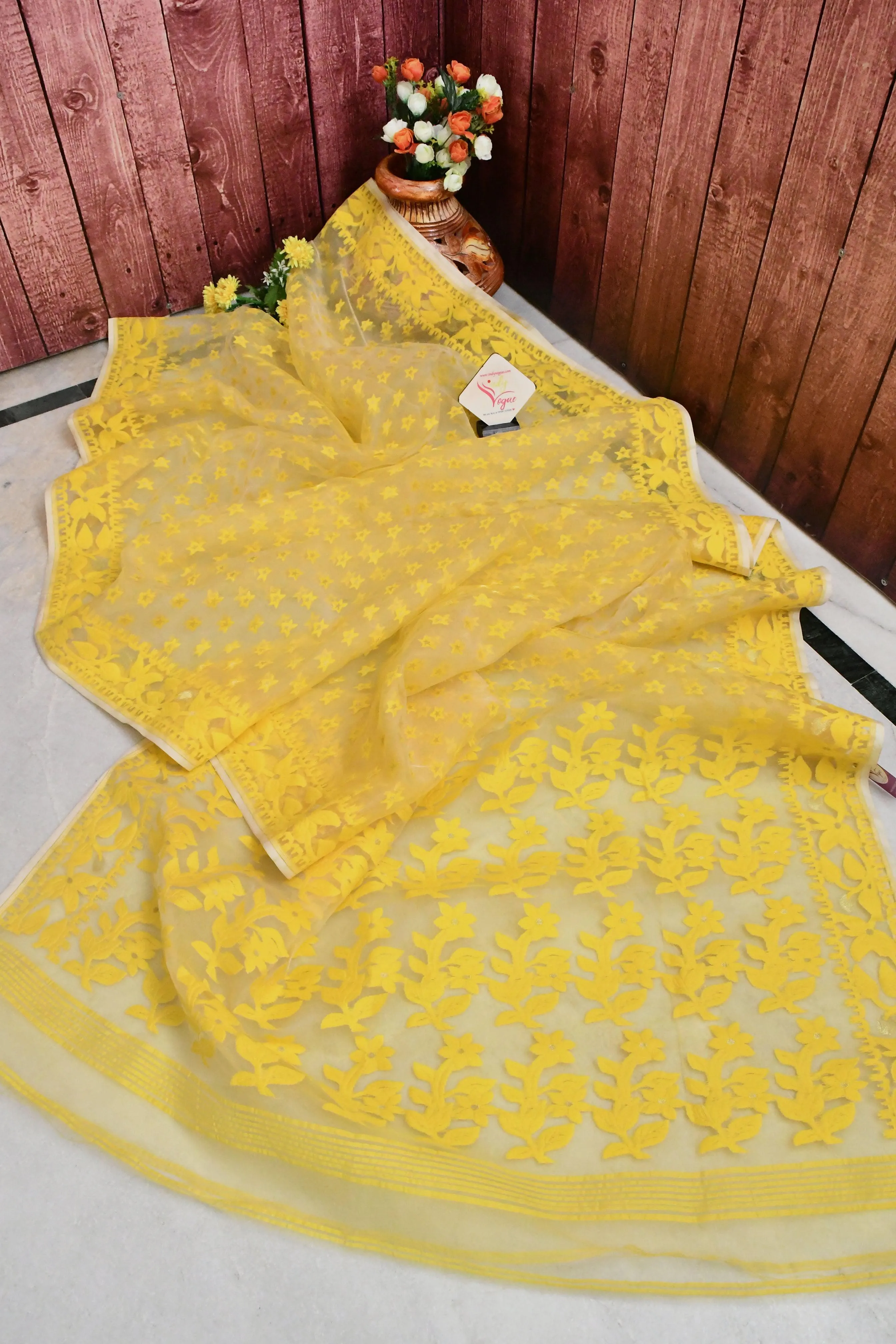 Lime Yellow Color Muslin Jamdani Saree