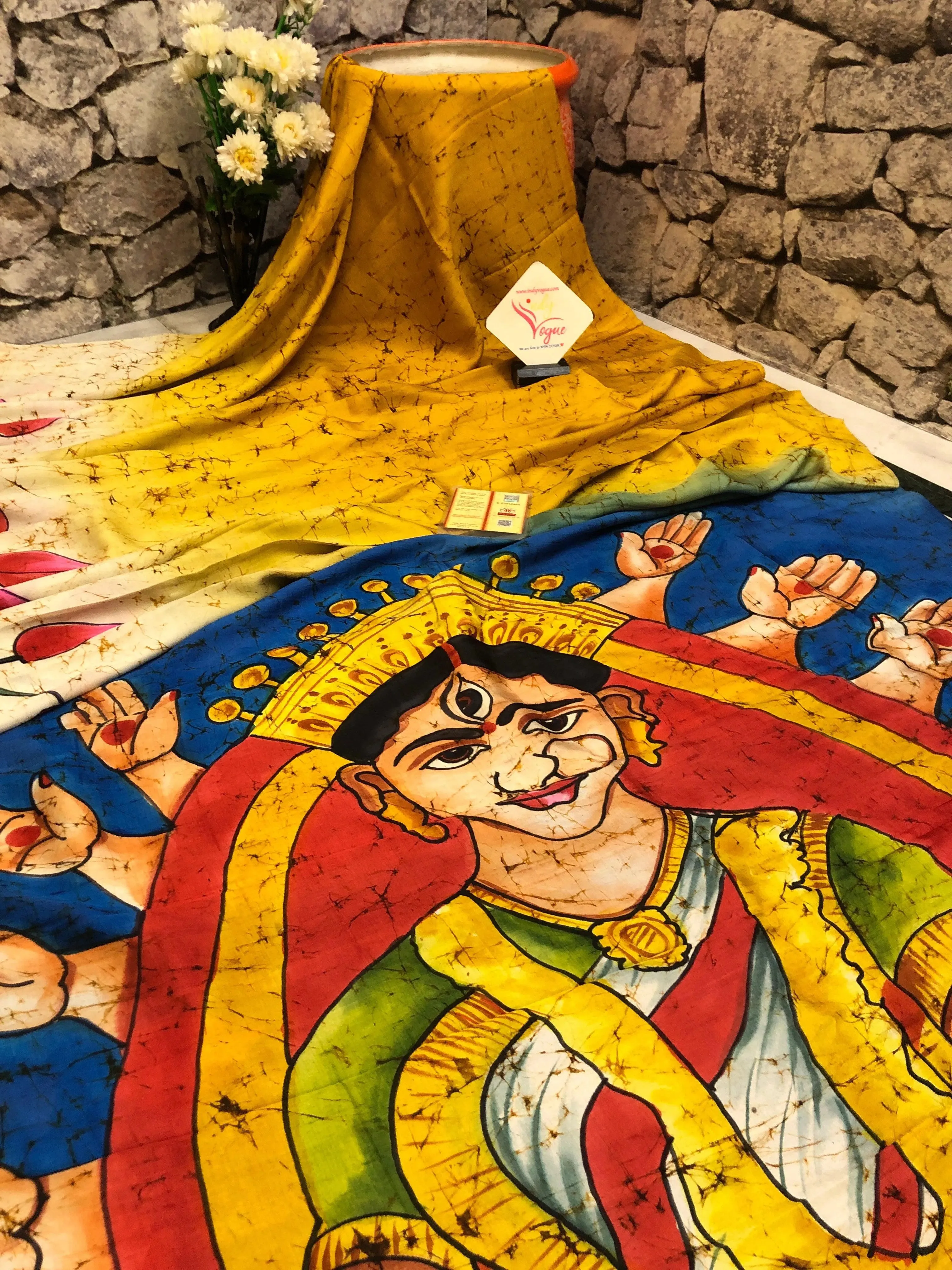 Multicolor Bishnupur Katan Silk Saree with Hand Painted Durga Avatar and Wax Batik Work