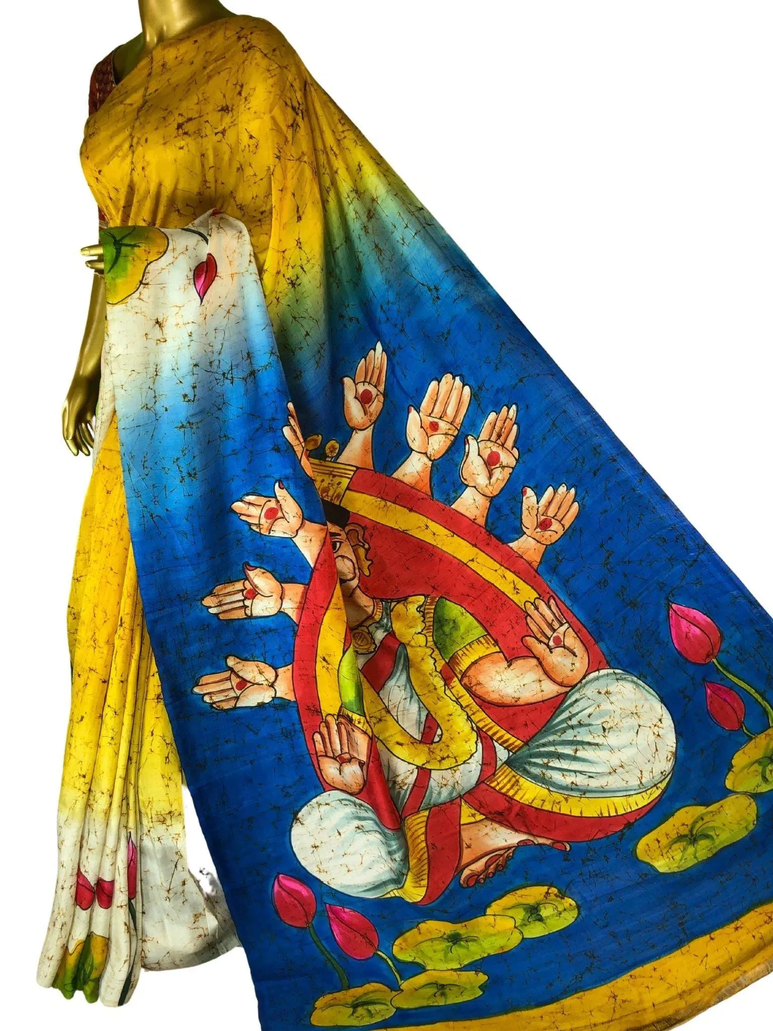 Multicolor Bishnupur Katan Silk Saree with Hand Painted Durga Avatar and Wax Batik Work