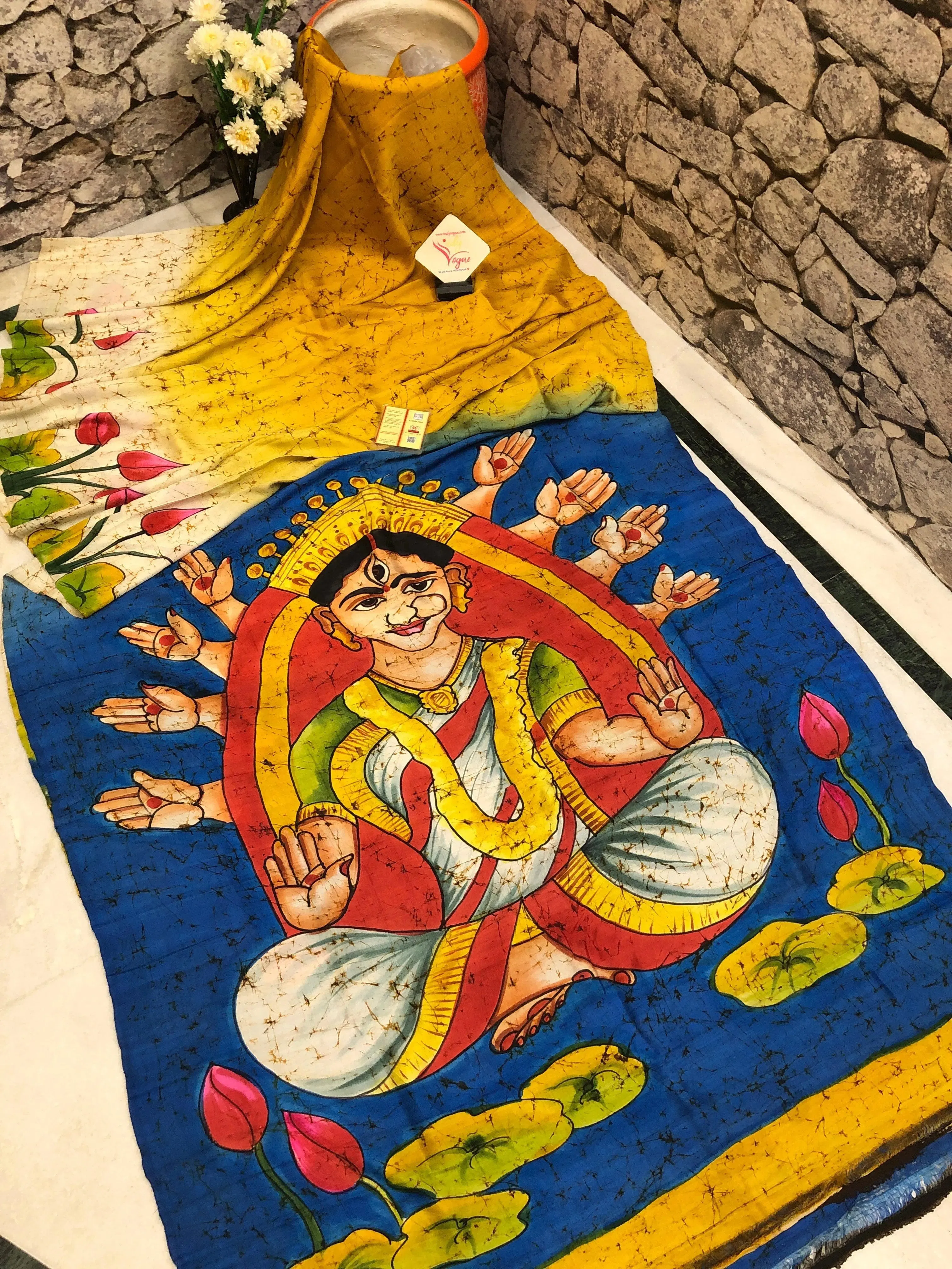 Multicolor Bishnupur Katan Silk Saree with Hand Painted Durga Avatar and Wax Batik Work