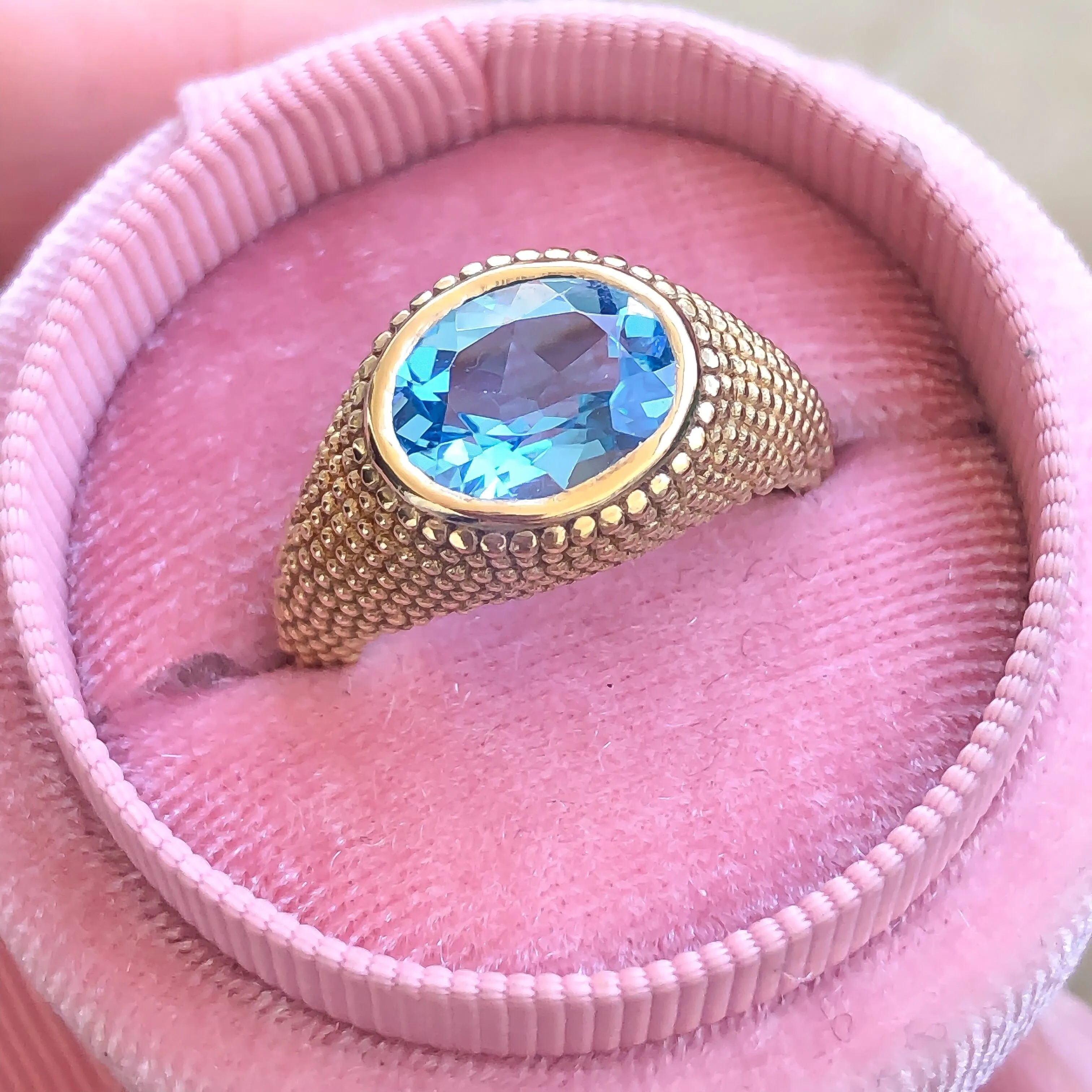 Nubia Oval Blue Topaz Yellow Gold Ring Size 7US