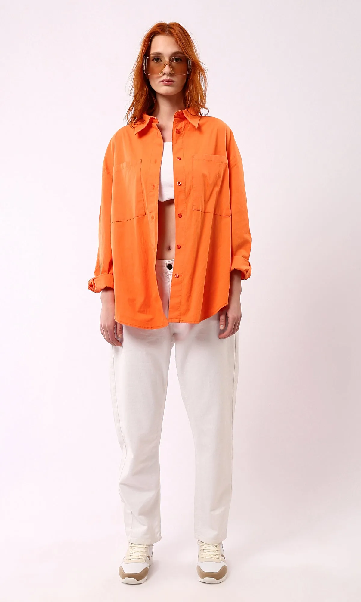 O177909 Solid Orange Casual Shirt With Turn Down Collar