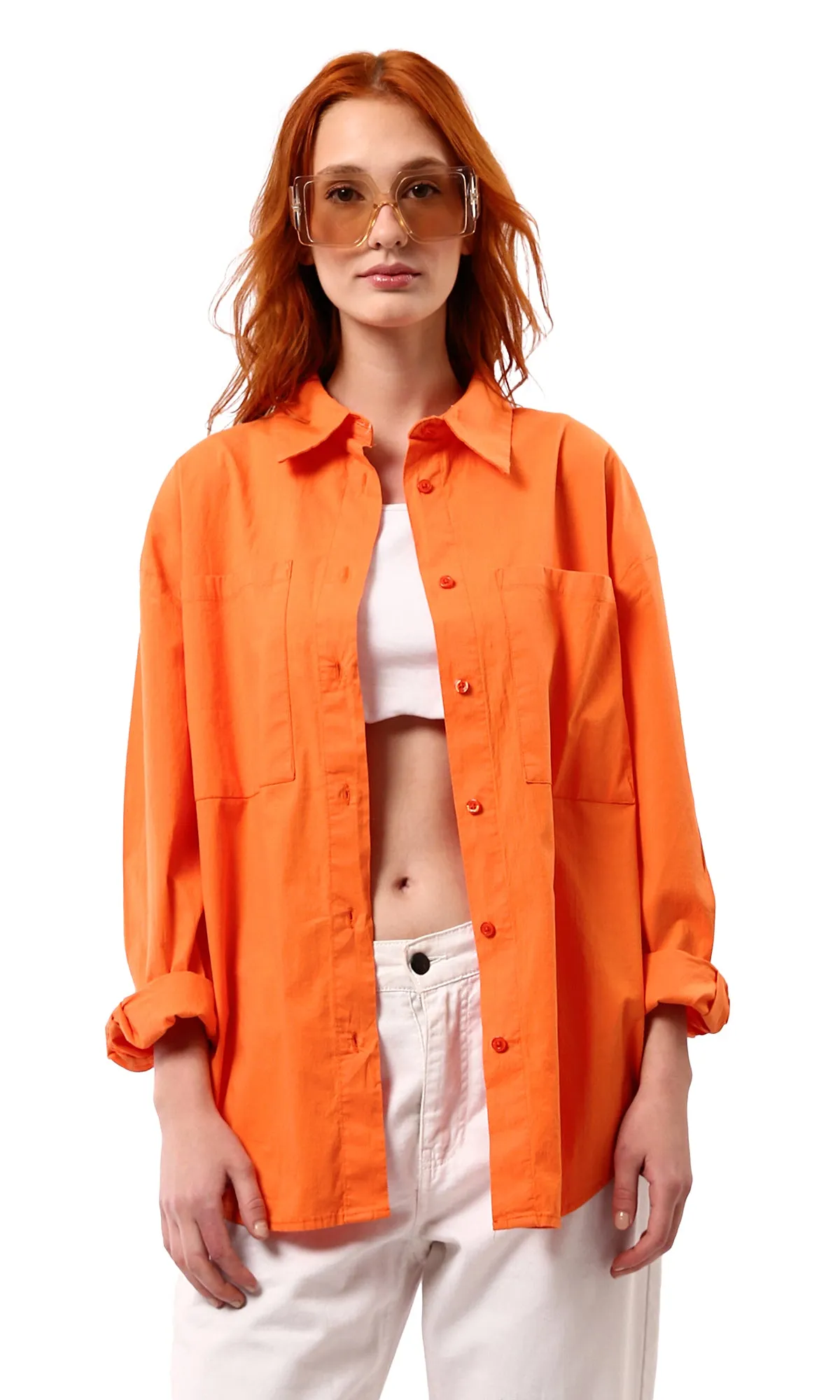 O177909 Solid Orange Casual Shirt With Turn Down Collar