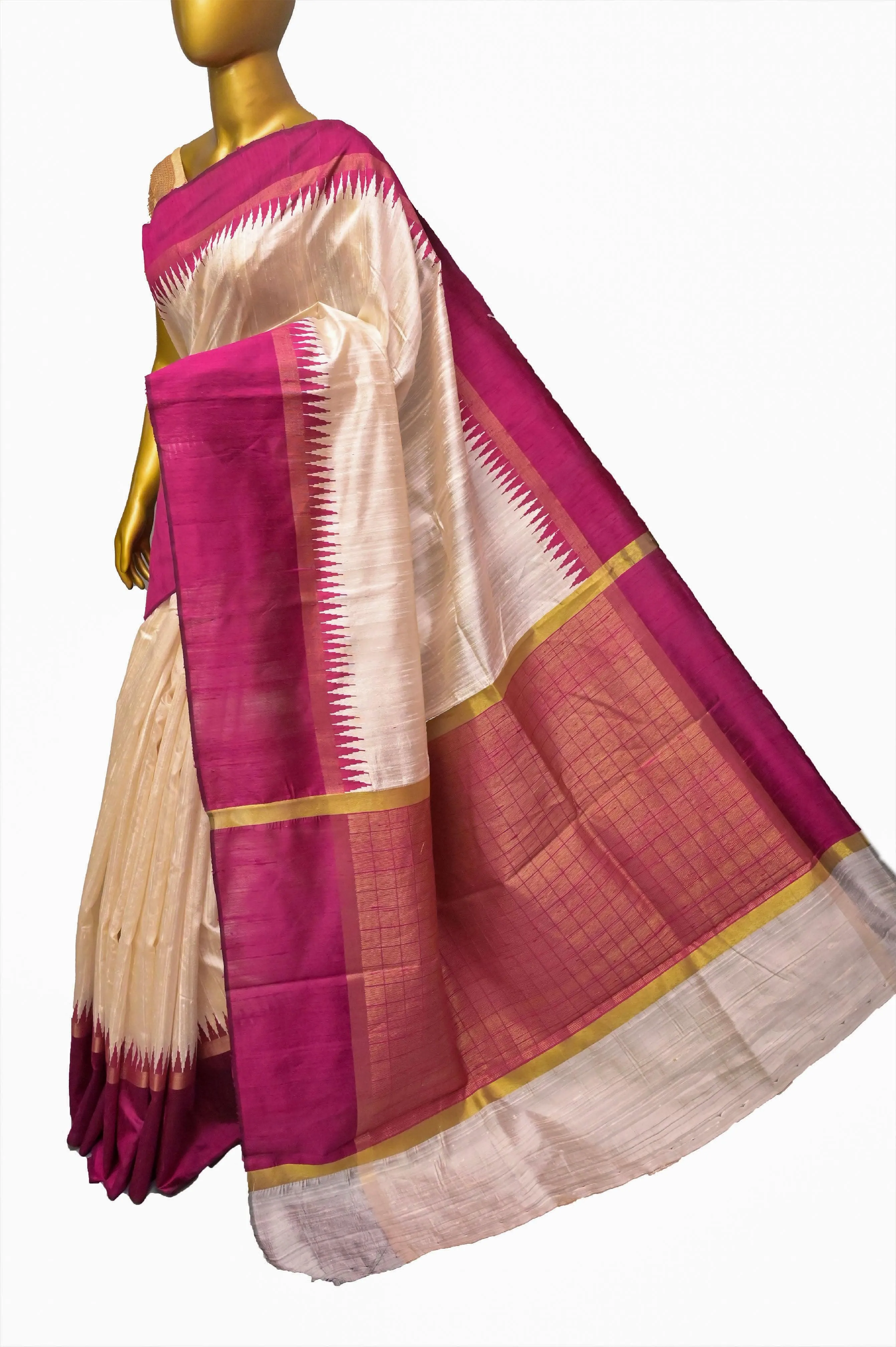 Offwhite and Dark Meganta Color Pure Raw Silk Saree with Temple Border