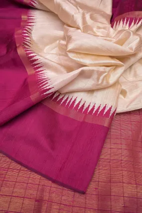 Offwhite and Dark Meganta Color Pure Raw Silk Saree with Temple Border