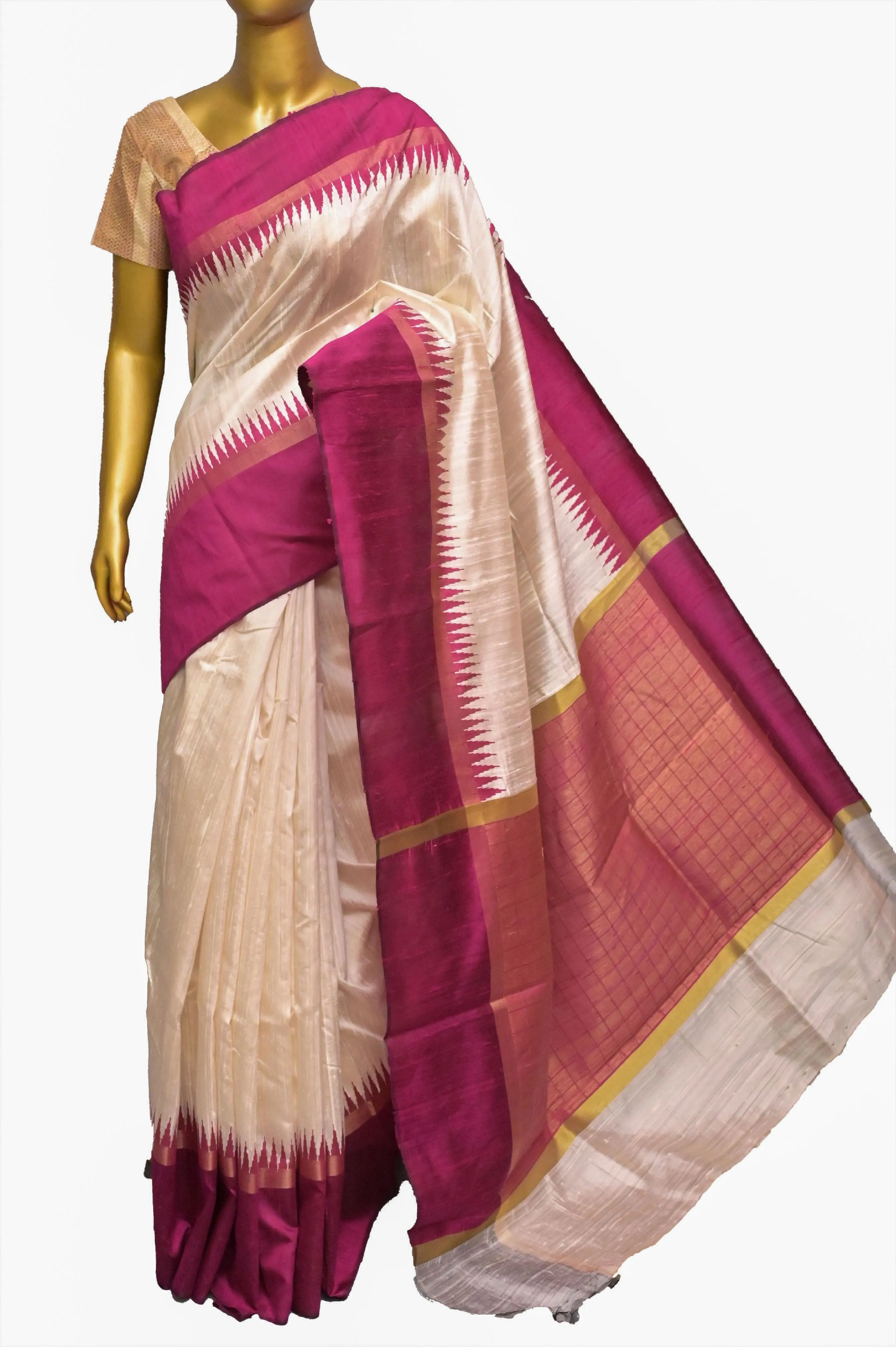 Offwhite and Dark Meganta Color Pure Raw Silk Saree with Temple Border