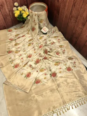 Offwhite Color Designer Muga Silk Banarasi Saree with Allover Jaal Work