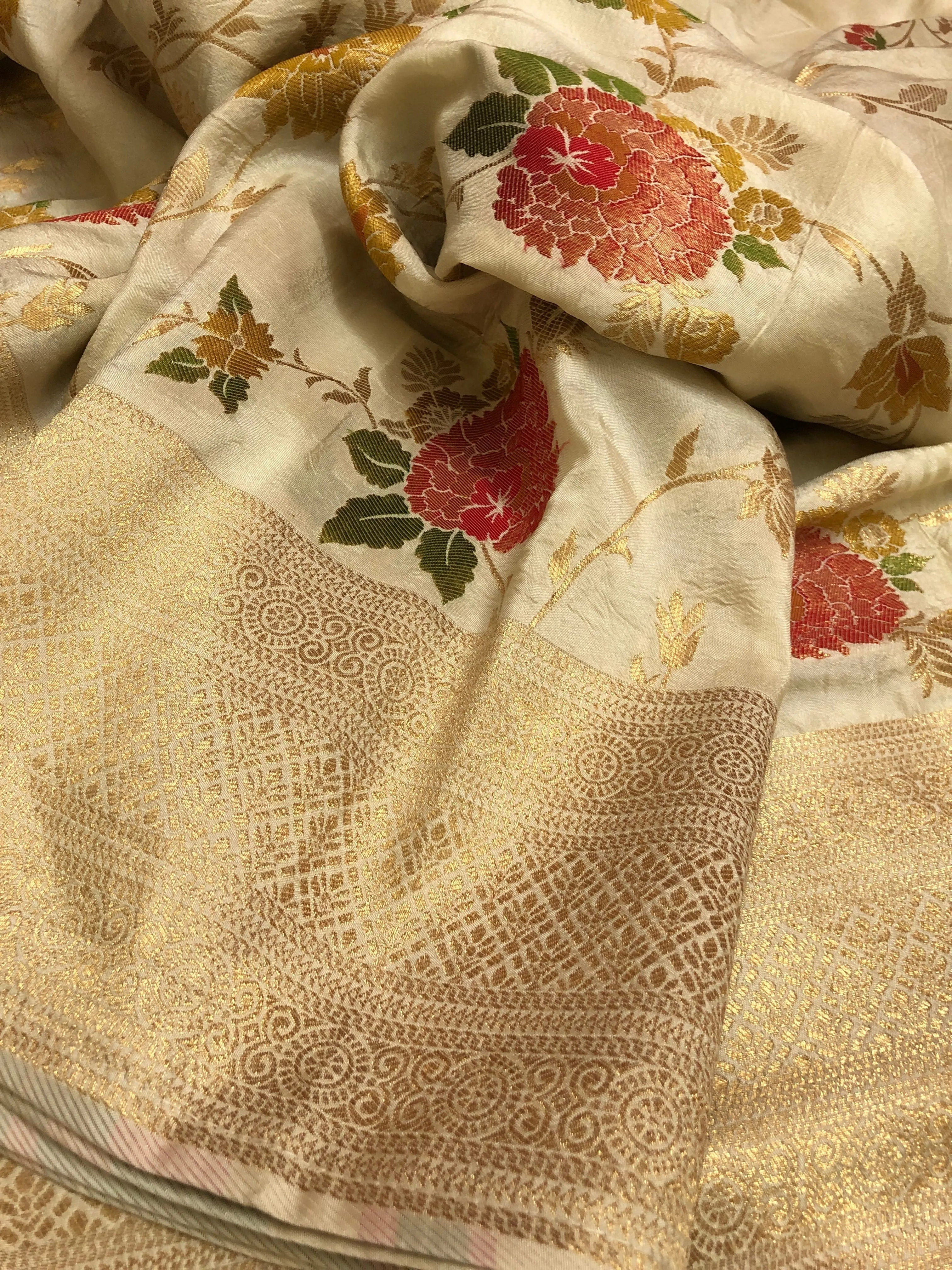 Offwhite Color Designer Muga Silk Banarasi Saree with Allover Jaal Work