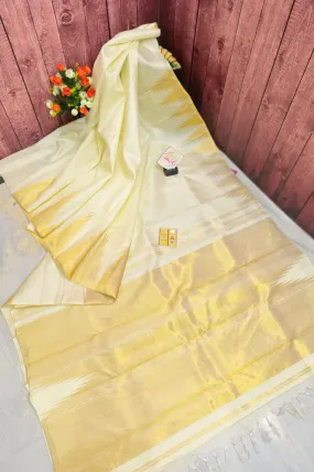 Offwhite Yellow Color Kanjeevaram Silk Saree with Golden Temple Border