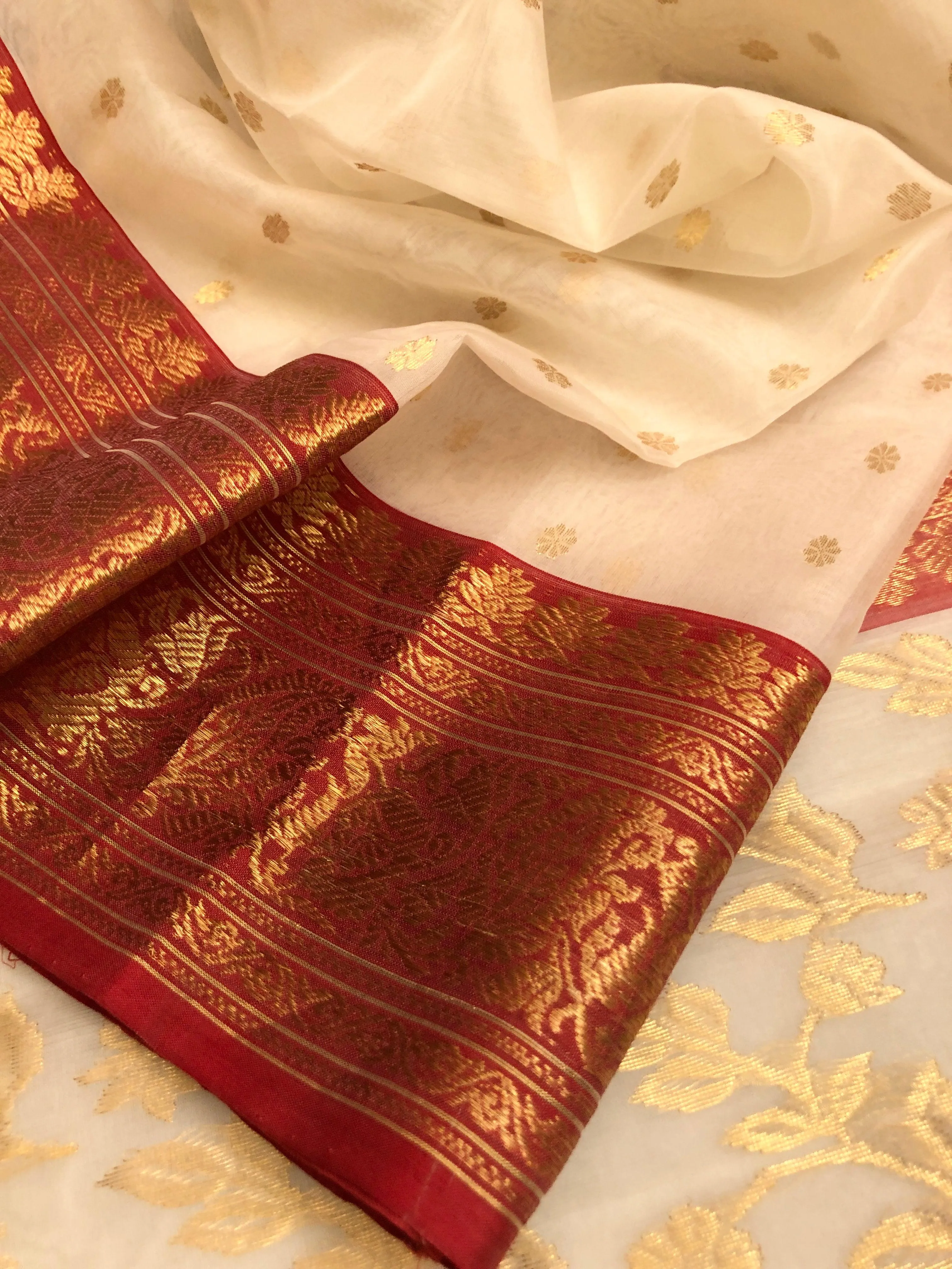 Paper White Color Pure Chanderi Banarasi Saree