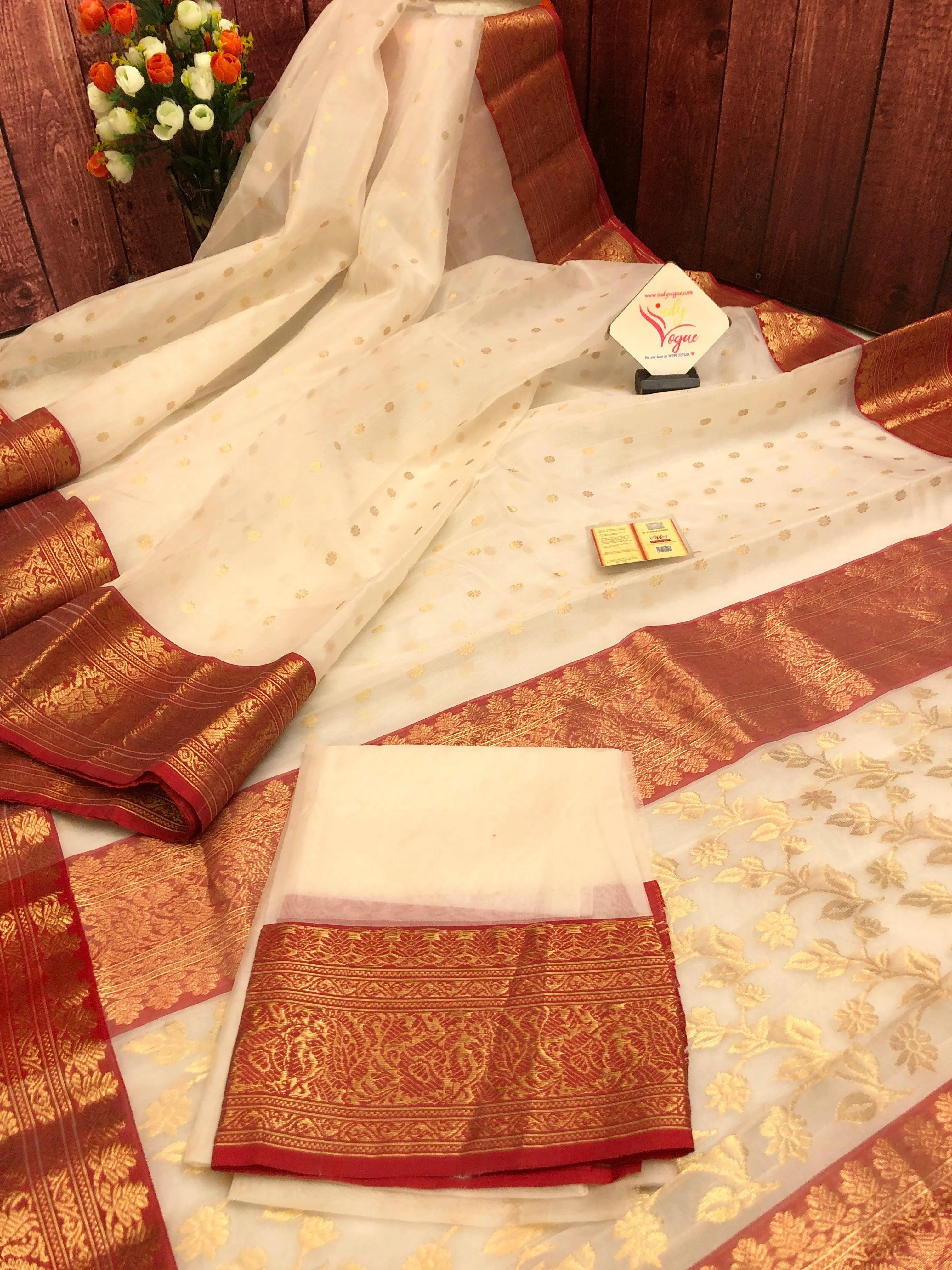 Paper White Color Pure Chanderi Banarasi Saree