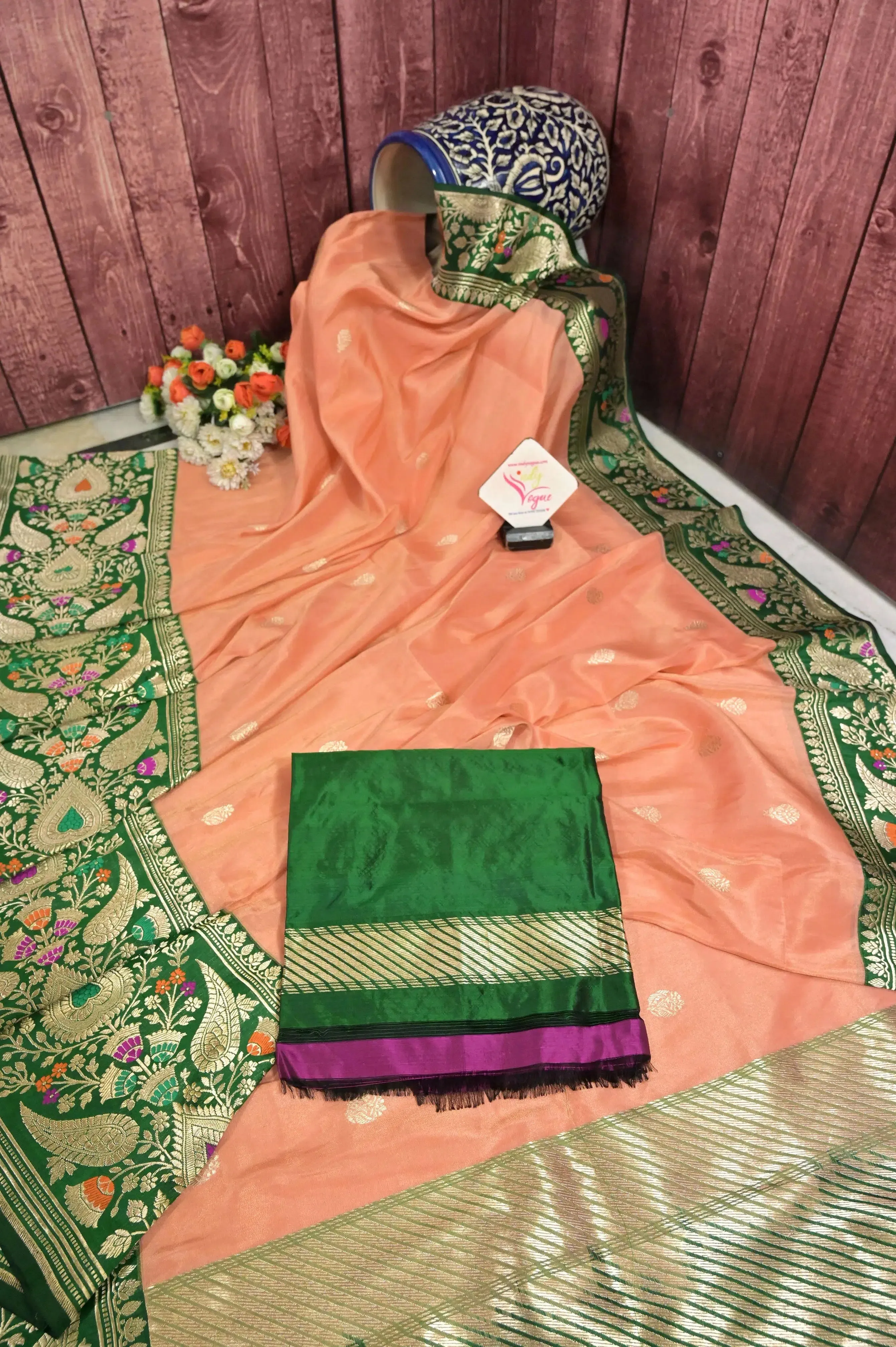 Peach and Green Color Pure Tissue Katan Banrasi Saree with Meenakari Border