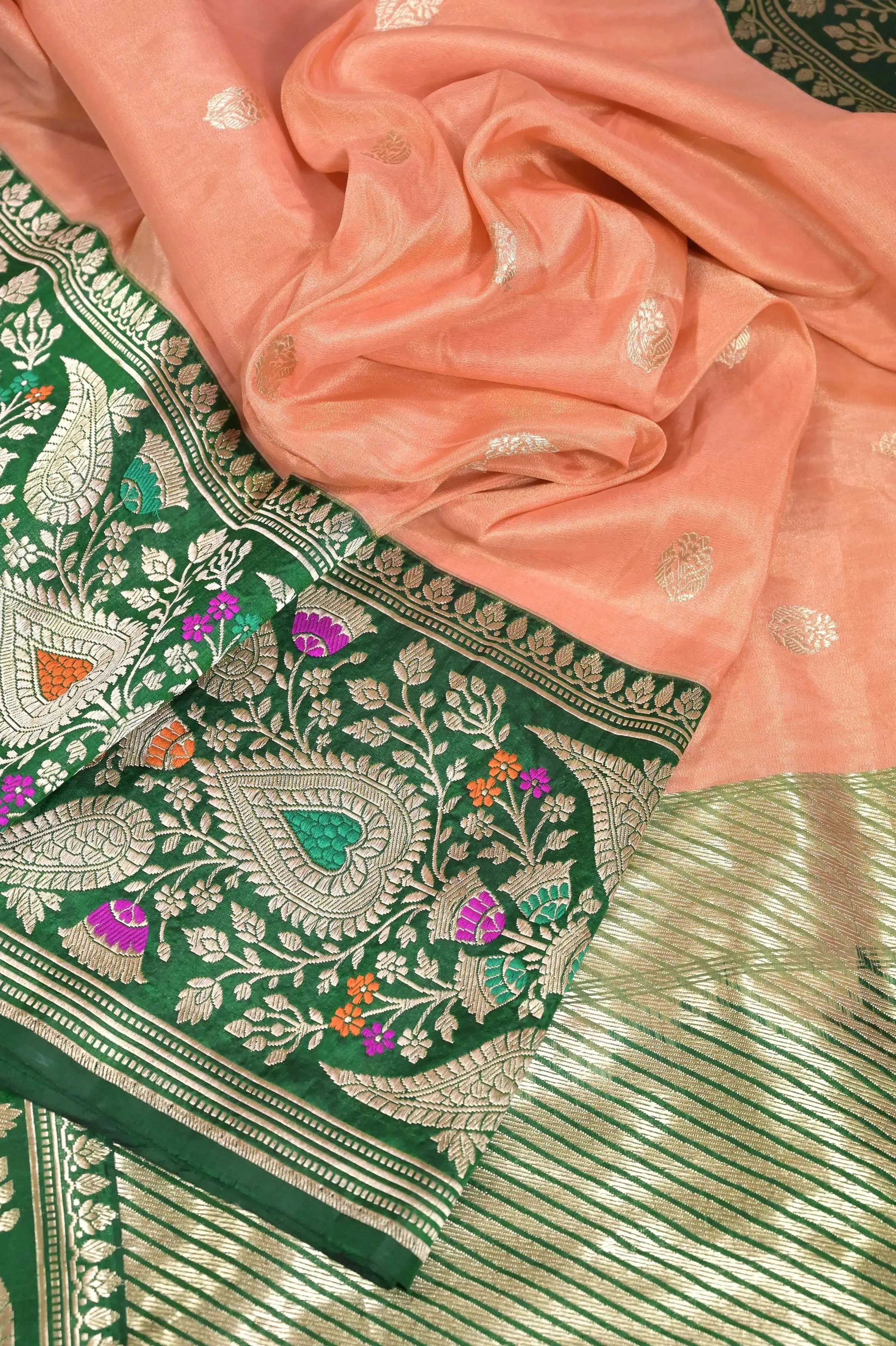 Peach and Green Color Pure Tissue Katan Banrasi Saree with Meenakari Border