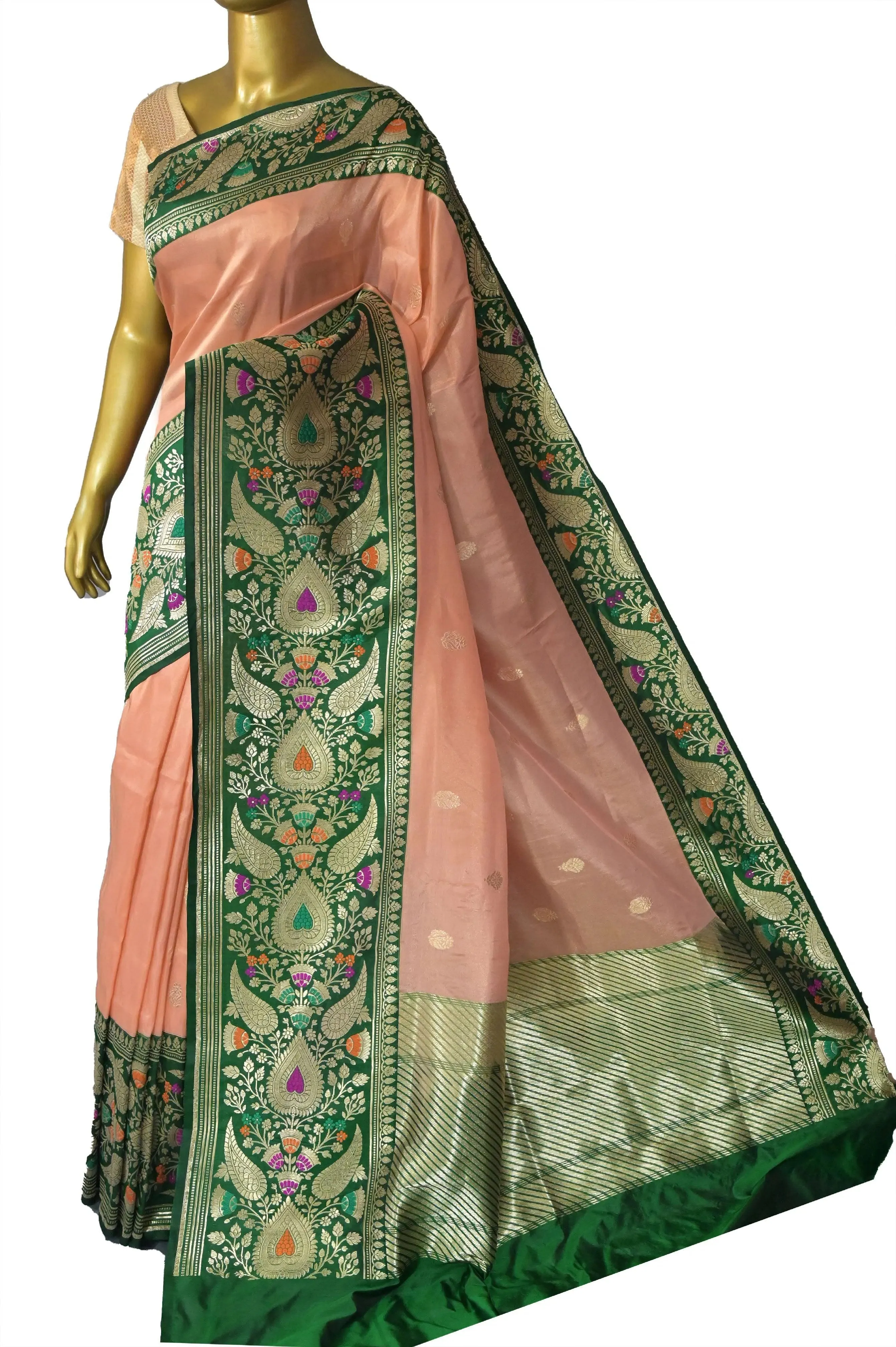 Peach and Green Color Pure Tissue Katan Banrasi Saree with Meenakari Border