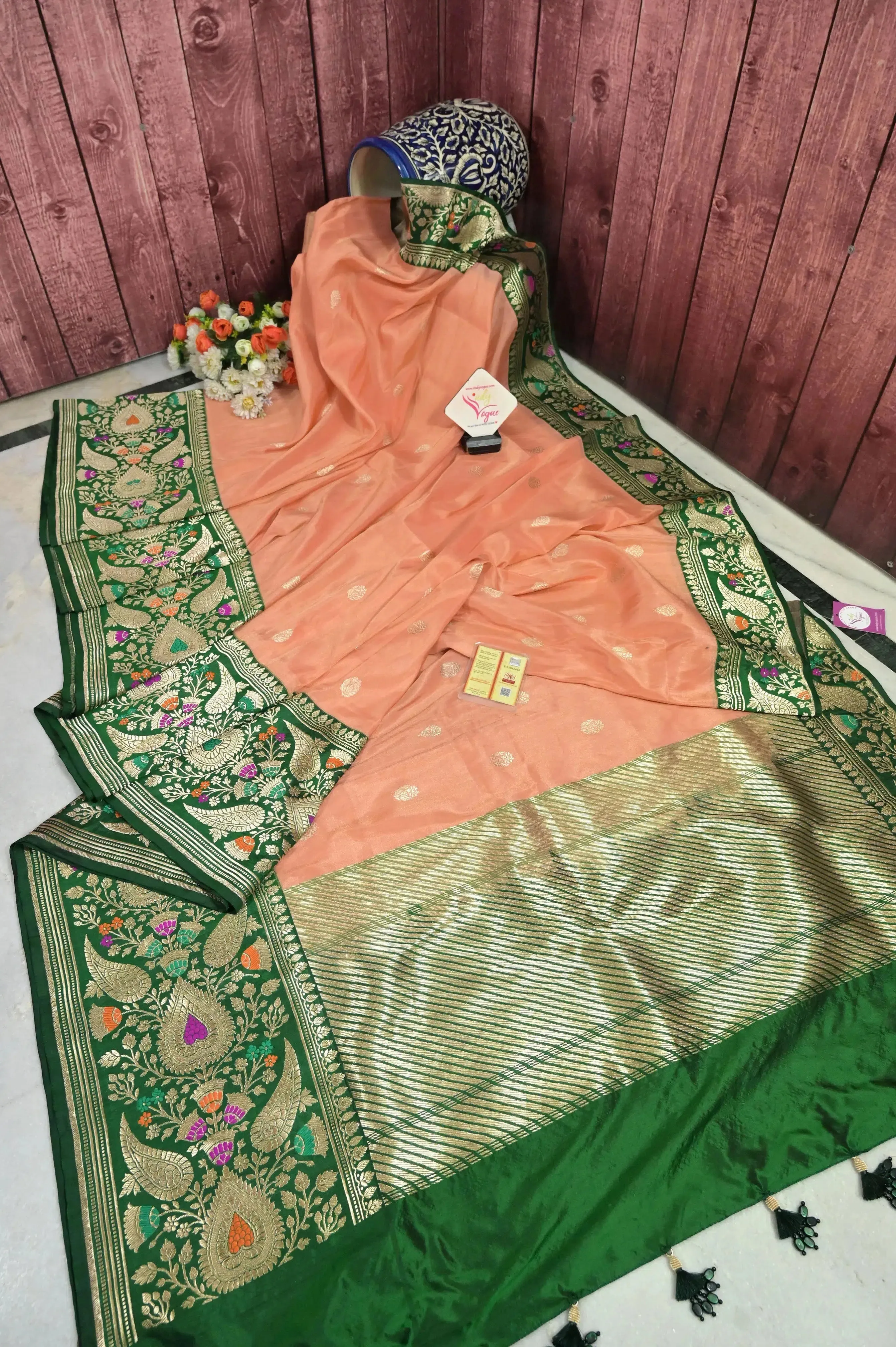 Peach and Green Color Pure Tissue Katan Banrasi Saree with Meenakari Border