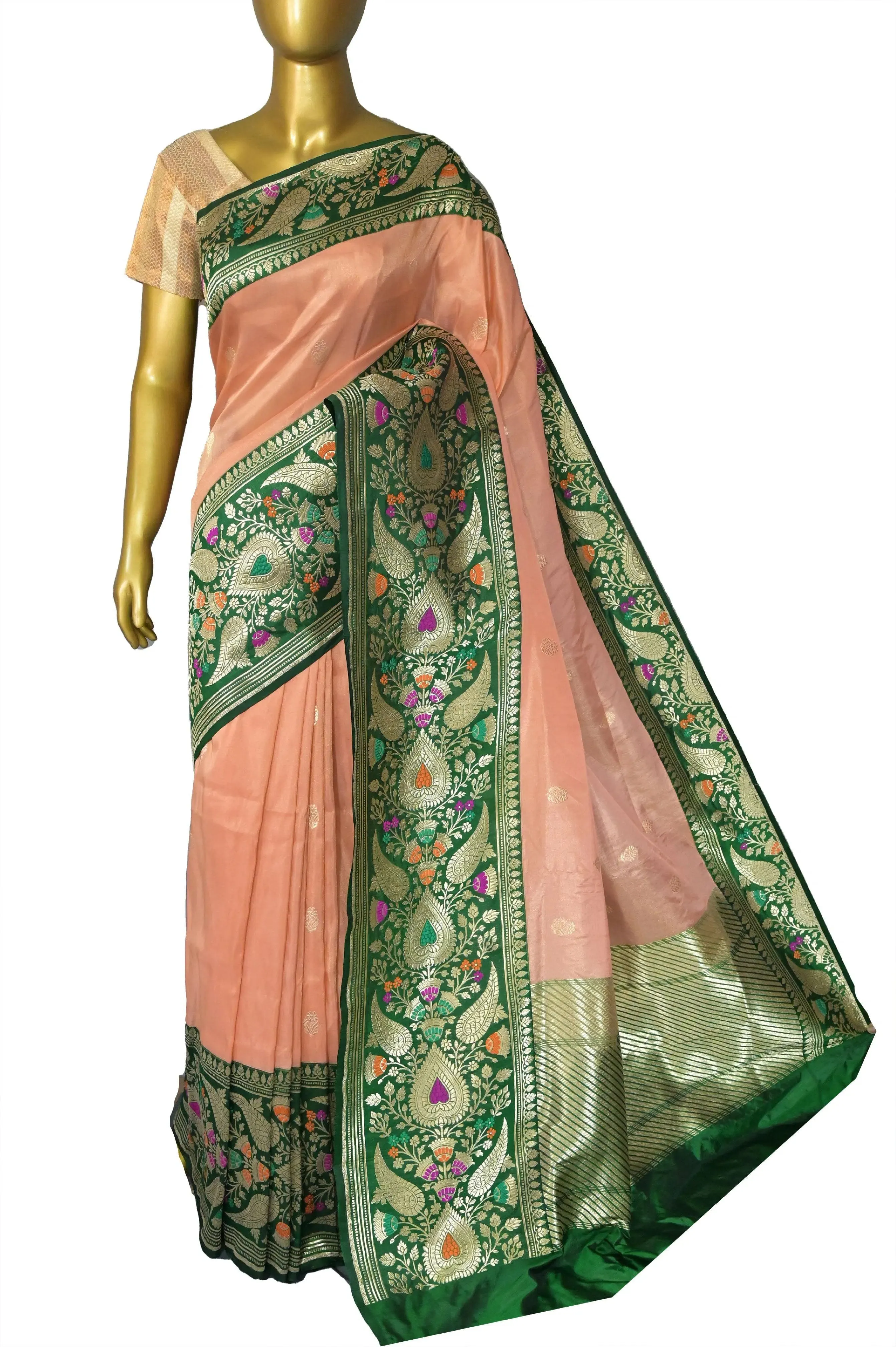 Peach and Green Color Pure Tissue Katan Banrasi Saree with Meenakari Border