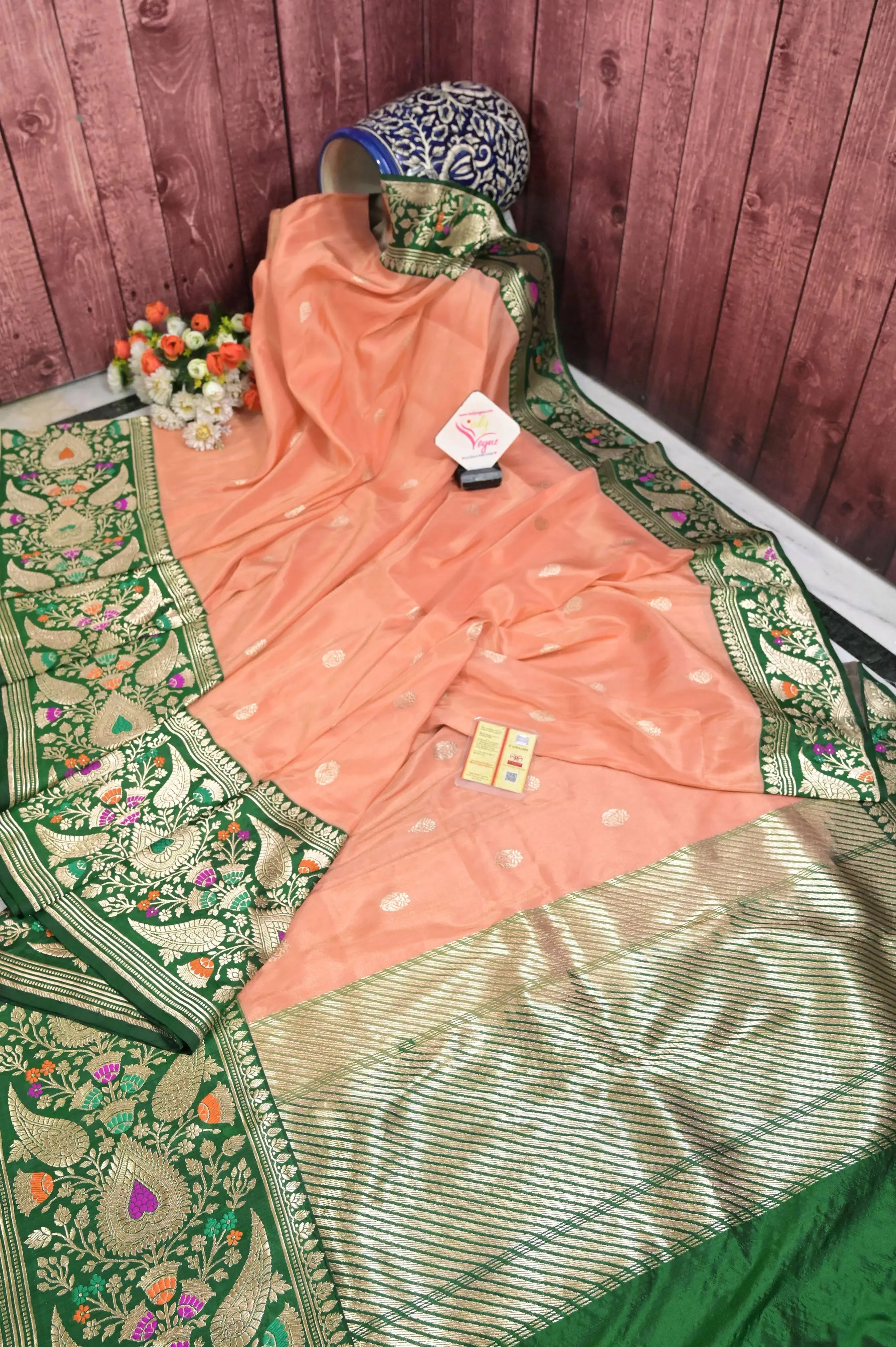 Peach and Green Color Pure Tissue Katan Banrasi Saree with Meenakari Border