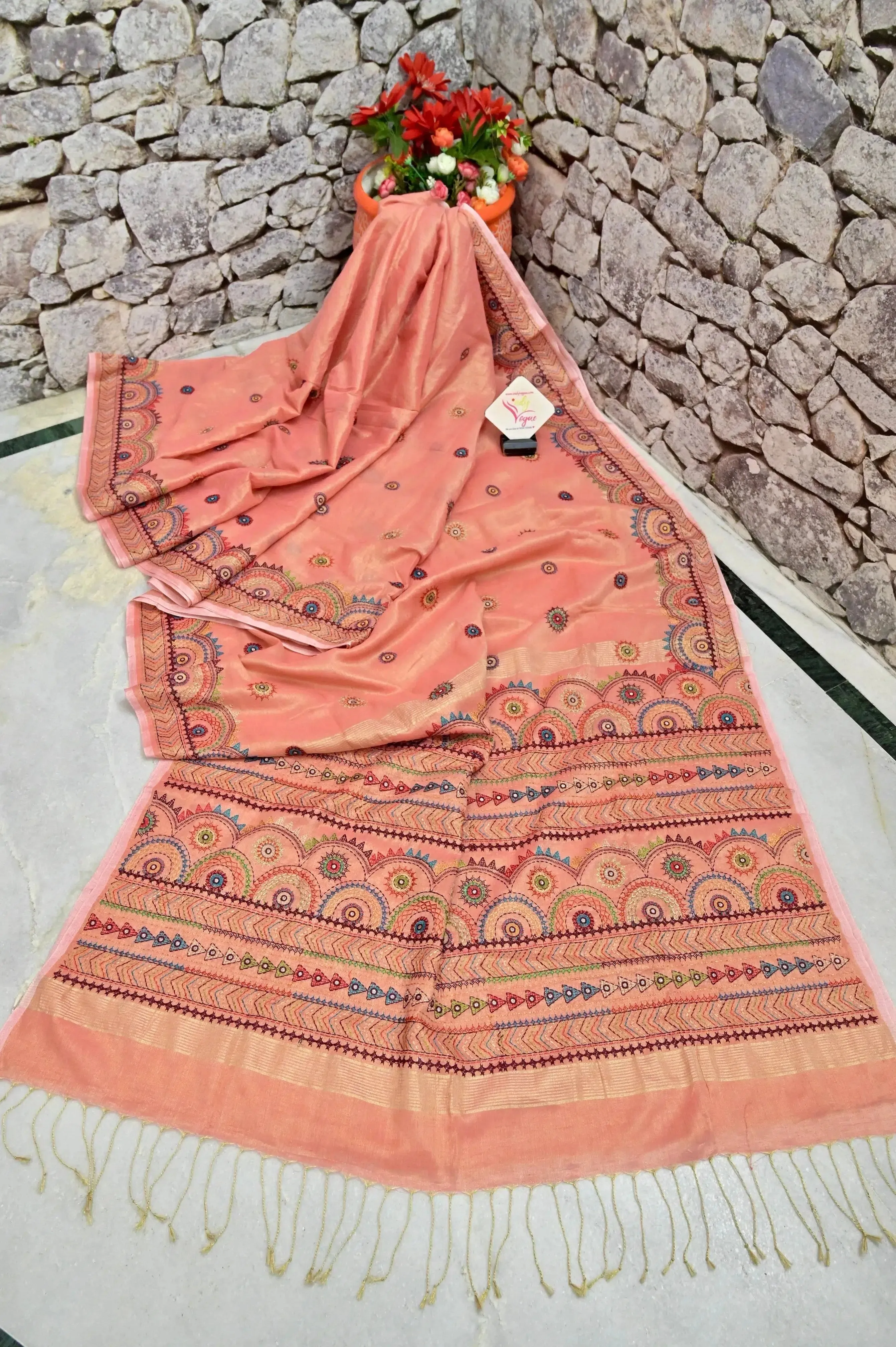 Peach Pink and Golden Dual Tone Tissue Handloom Saree with Lambani Work