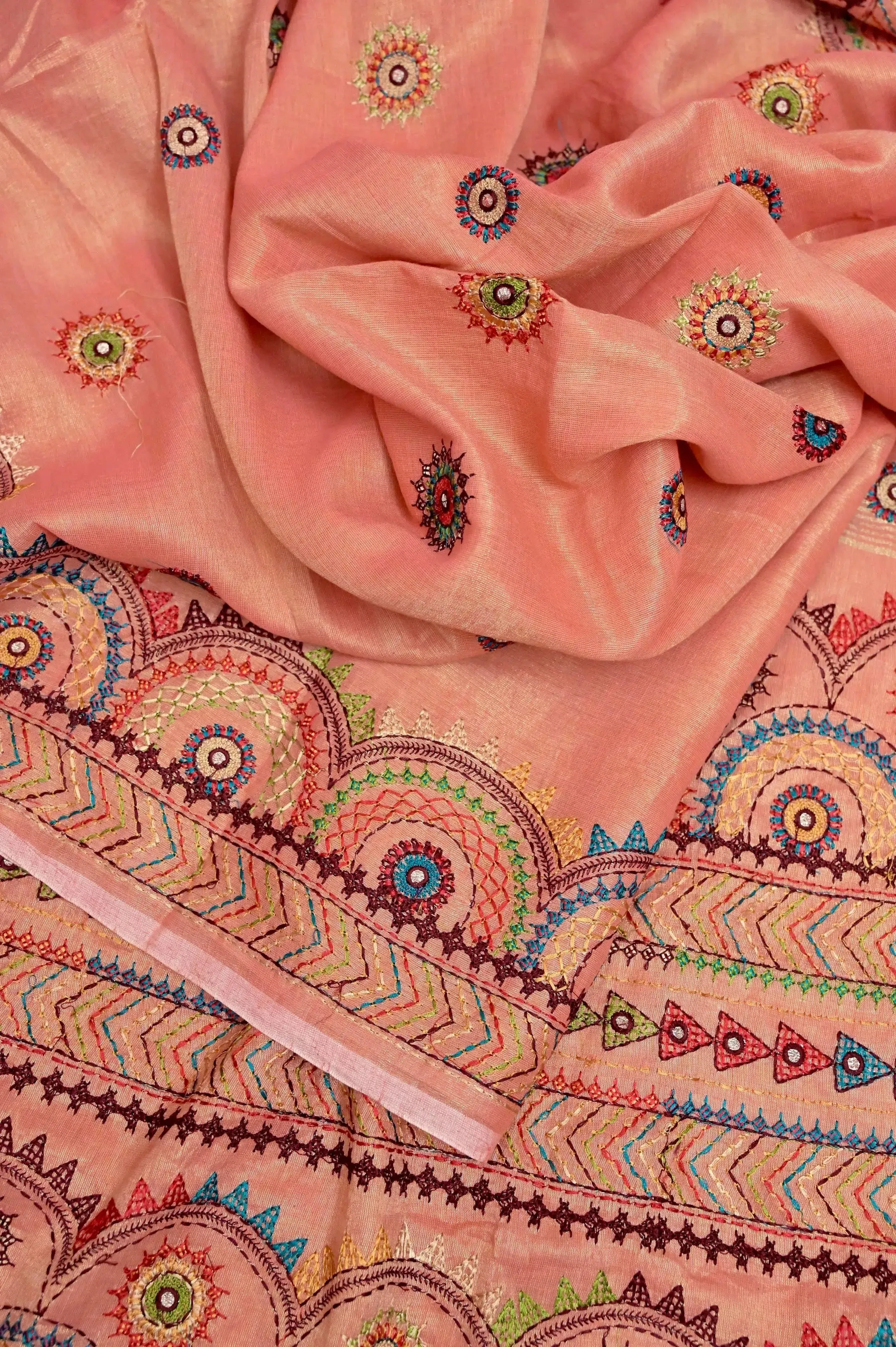 Peach Pink and Golden Dual Tone Tissue Handloom Saree with Lambani Work