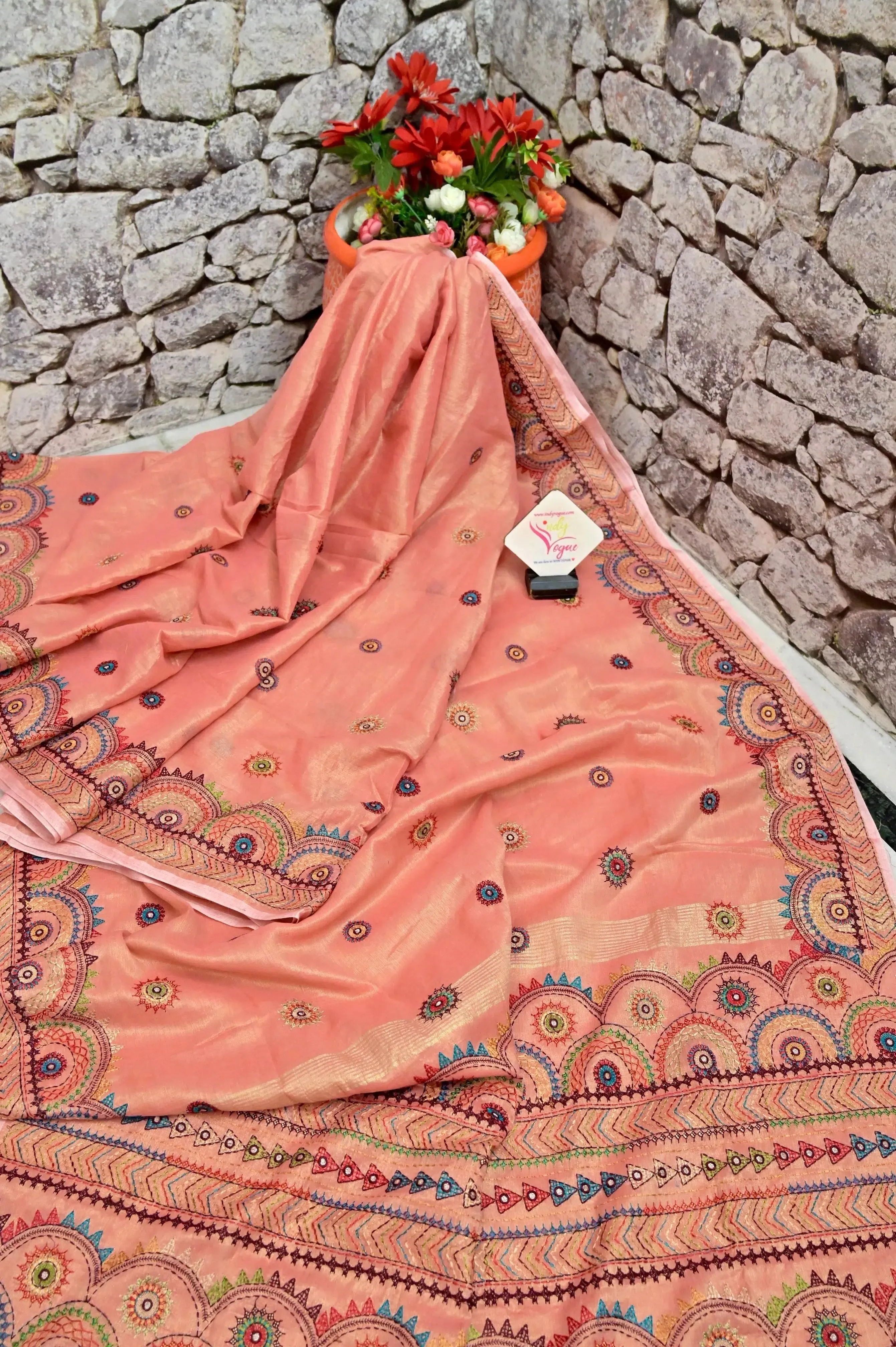 Peach Pink and Golden Dual Tone Tissue Handloom Saree with Lambani Work