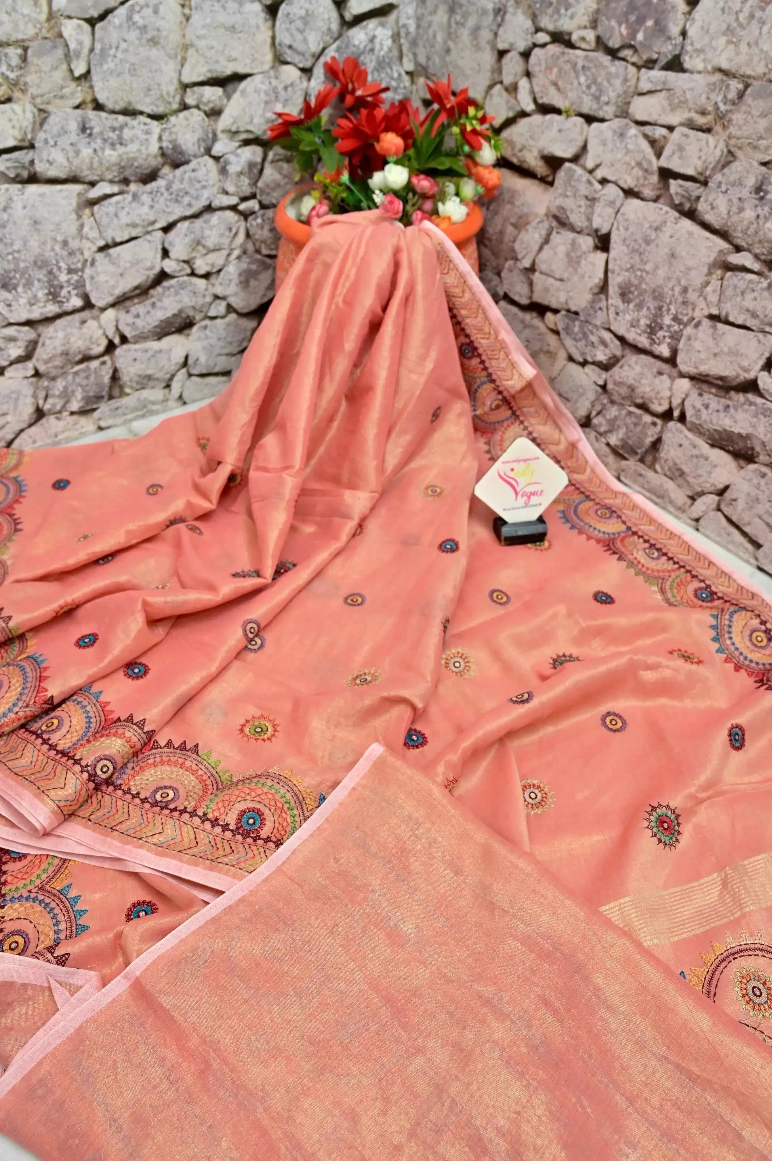 Peach Pink and Golden Dual Tone Tissue Handloom Saree with Lambani Work