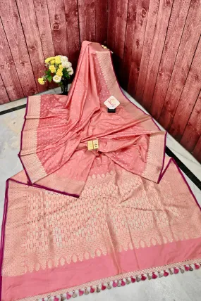 Peach Pink Color Mashru Banarasi Silk Saree with Sequin Style Zari Buti Work