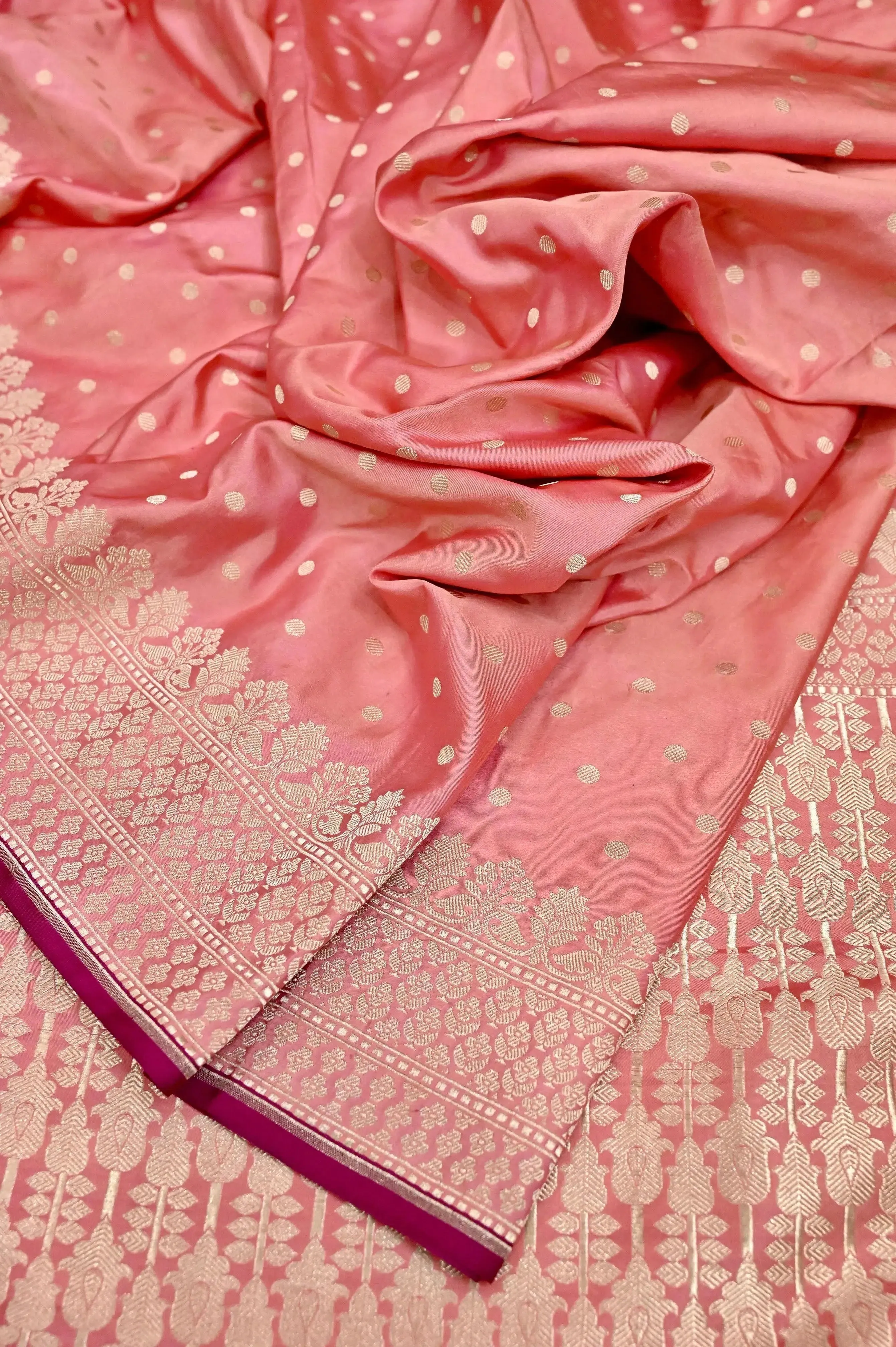 Peach Pink Color Mashru Banarasi Silk Saree with Sequin Style Zari Buti Work