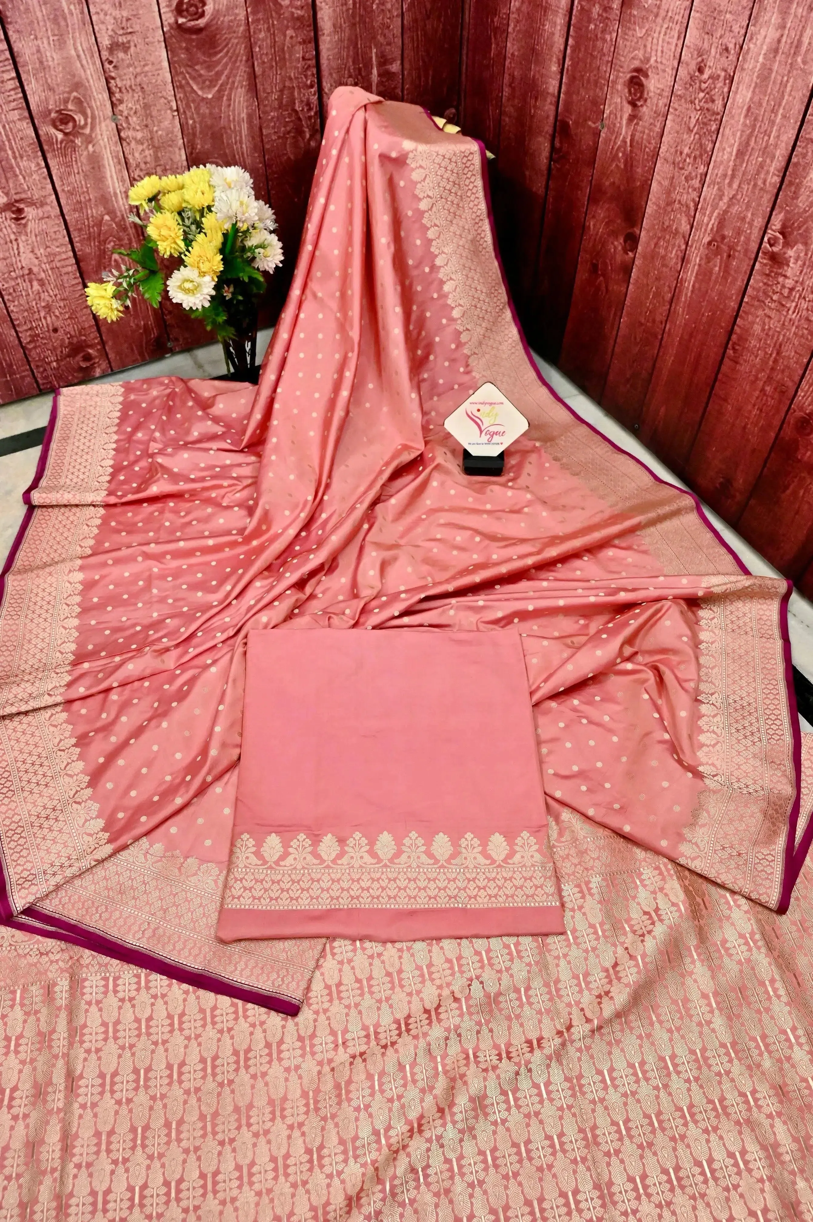 Peach Pink Color Mashru Banarasi Silk Saree with Sequin Style Zari Buti Work