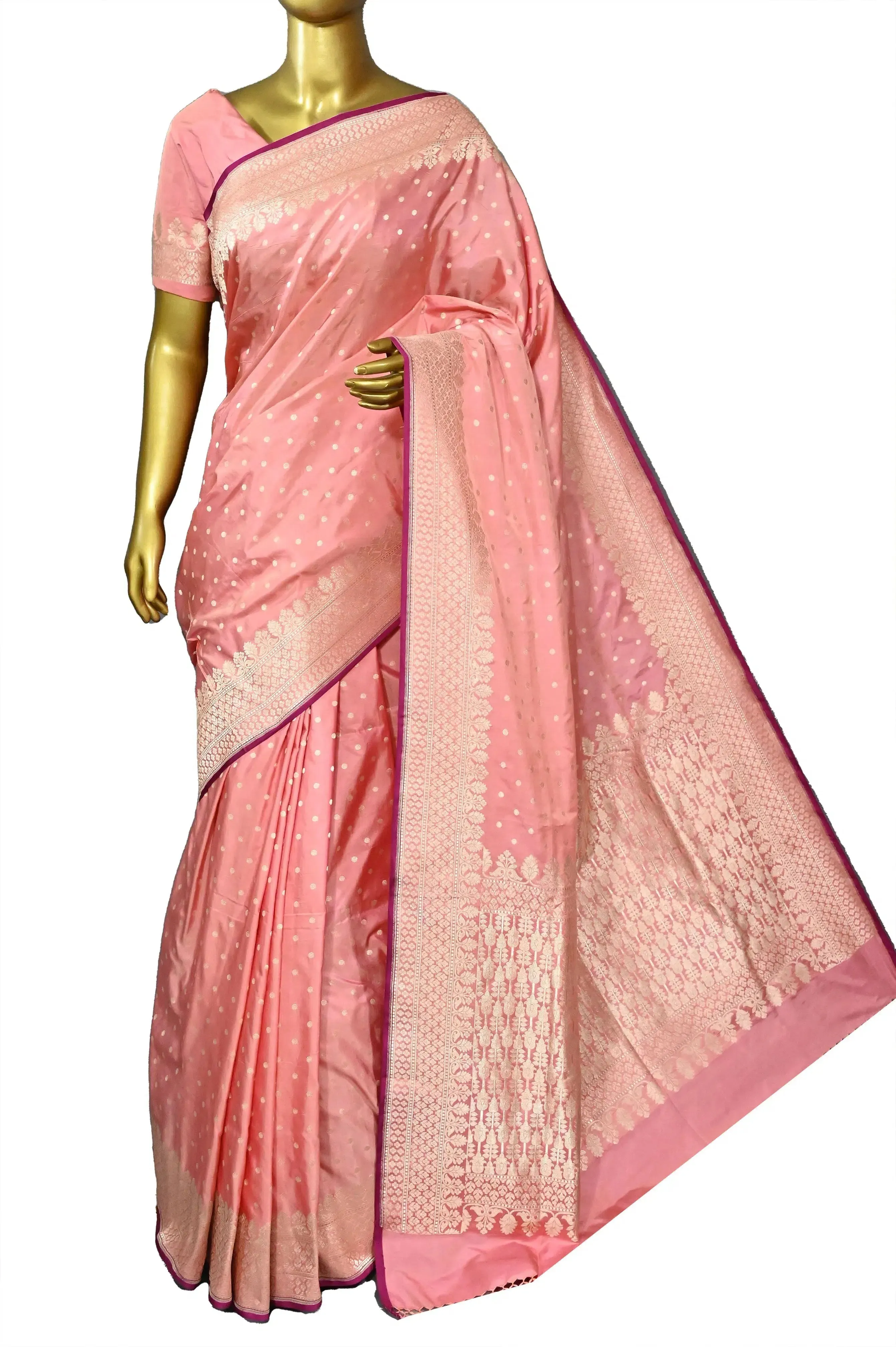 Peach Pink Color Mashru Banarasi Silk Saree with Sequin Style Zari Buti Work