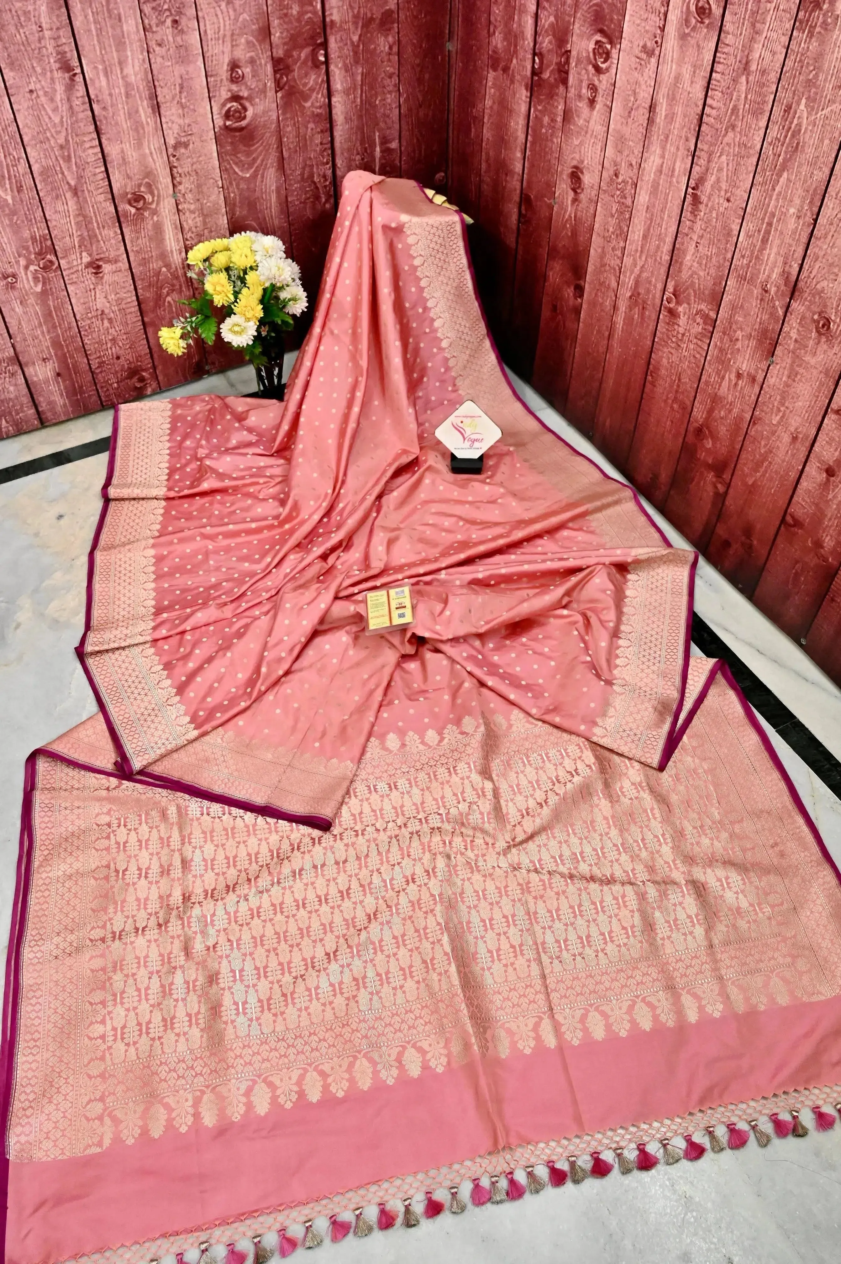 Peach Pink Color Mashru Banarasi Silk Saree with Sequin Style Zari Buti Work